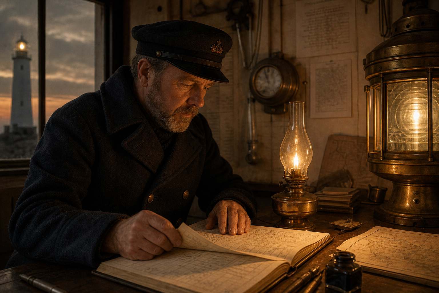 A lighthouse keeper in a wool navy coat reviewing log pages at a brass lantern desk, lit by warm late-evening lamp glow in an archival film-photography style