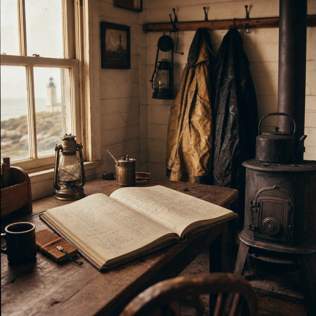 Keeper's quarters detail showing a logbook corner, hanging oilskins, and a worn iron stove