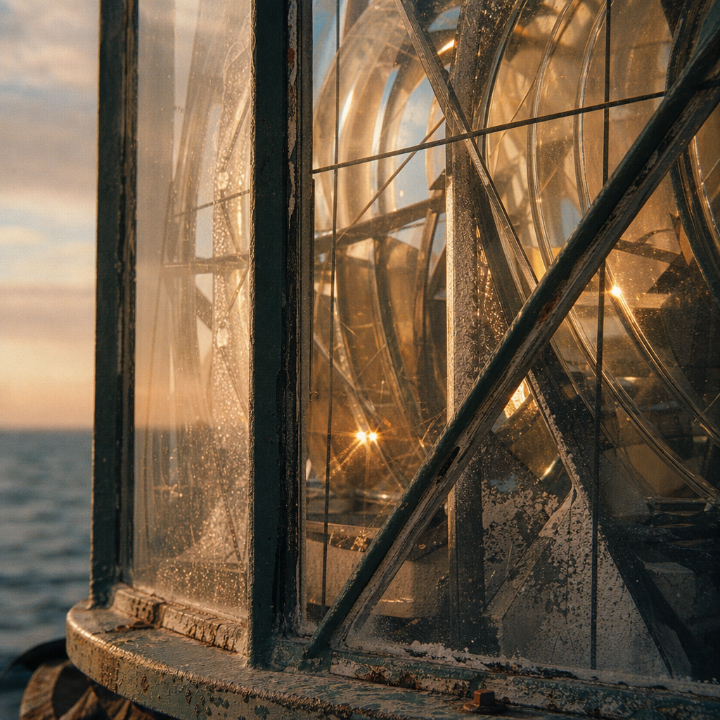 Close-up of lighthouse lantern glass prisms with warm amber reflections and fine salt residue
