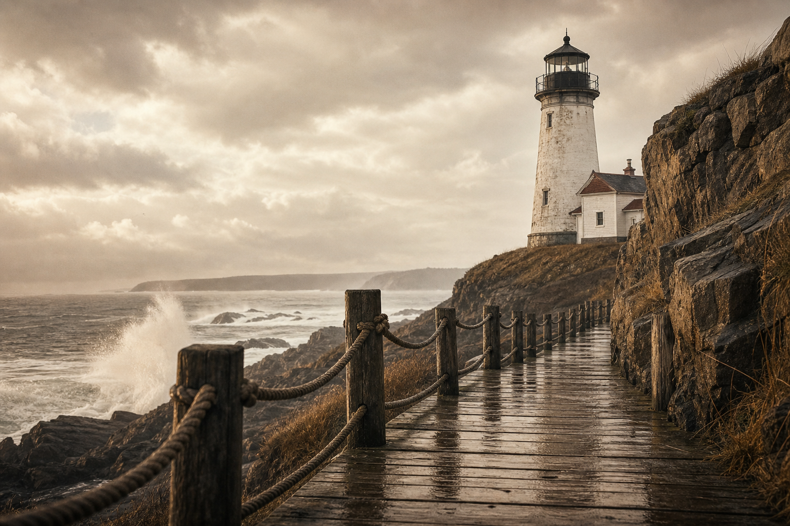 A storm-worn timber coastal walkway near a lighthouse, wet planks, rope railings, and sea spray under overcast skies in warm archival tones
