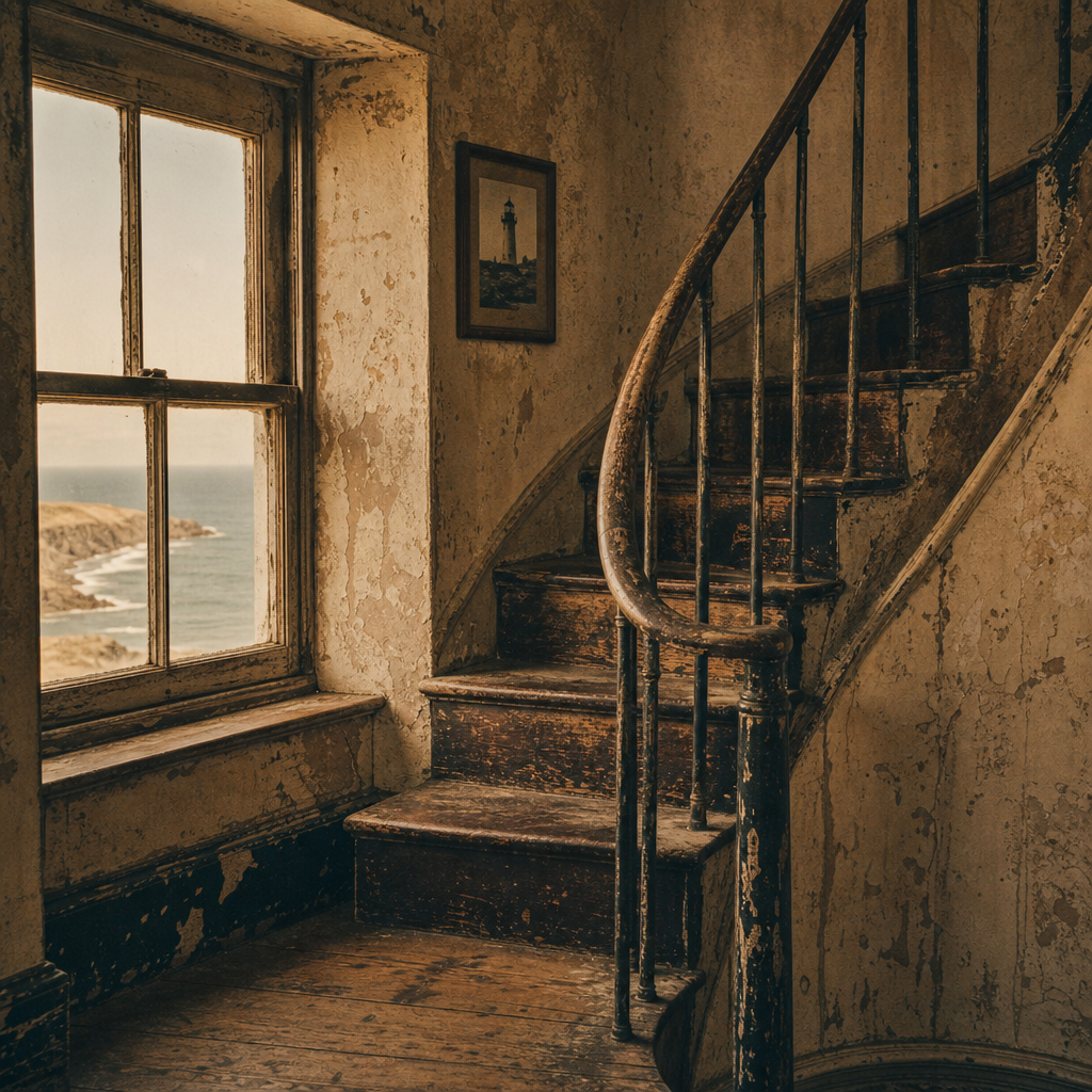 Weathered interior watch-room stair with worn wooden treads and aged rail detail