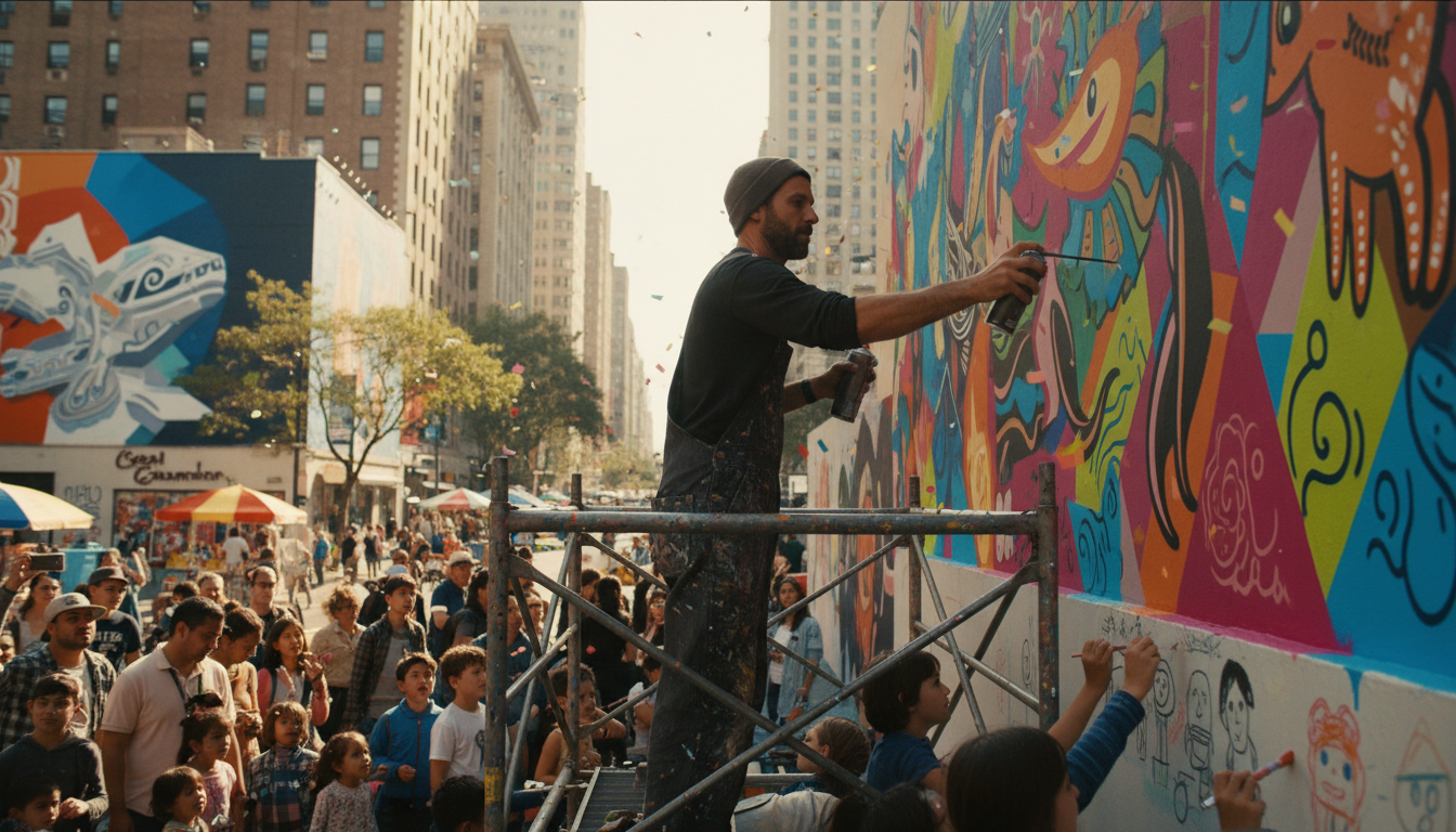 Realistic photo of a man painting a colorful mural during the Global Walls Festival, lively city background, people watching and participating, daylight, energetic mood. The man is the main subject, overall style is vibrant and modern.