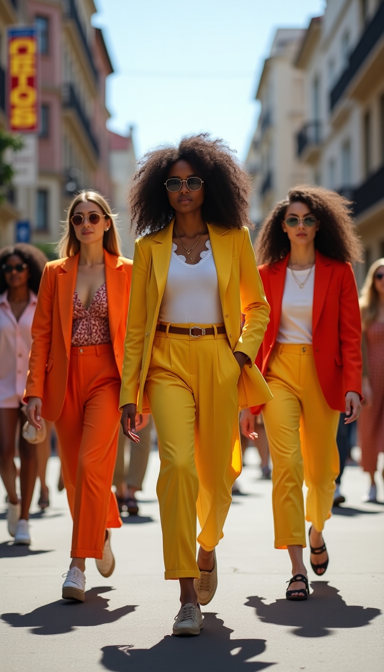 A group of stylish young adults in vibrant, modern outfits walking confidently in an urban setting, exuding energy and diversity