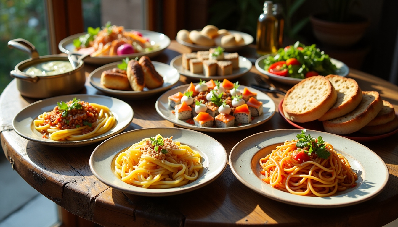 A delicious spread of world cuisine on a rustic table, vibrant and inviting