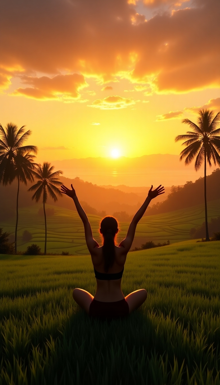 Serene sunrise over lush rice terraces in Bali with palm trees and a yoga practitioner in silhouette