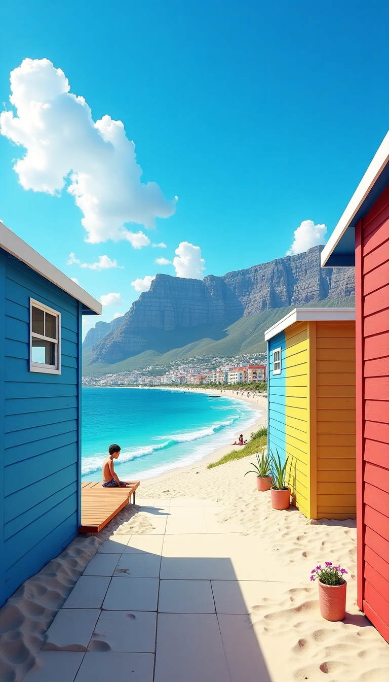 Vibrant beach scene in Cape Town with colorful houses, blue ocean, and Table Mountain in the background