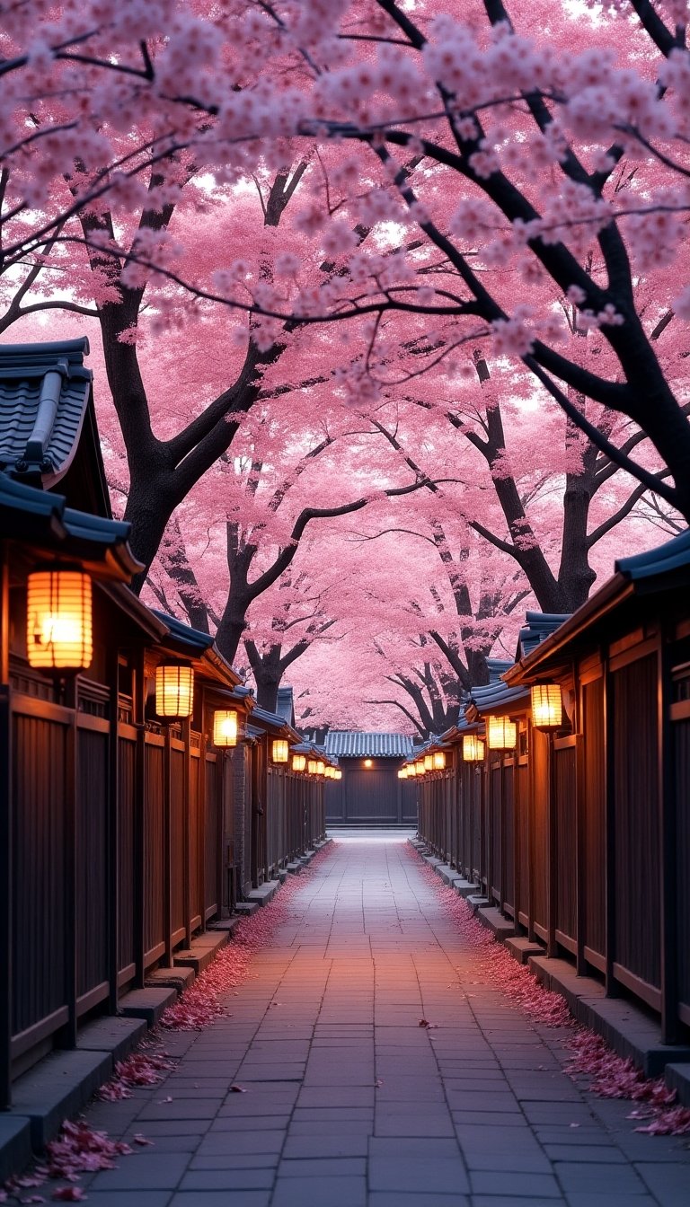 Cherry blossom trees arching over a tranquil path in Kyoto, Japan, with traditional lanterns glowing at dusk