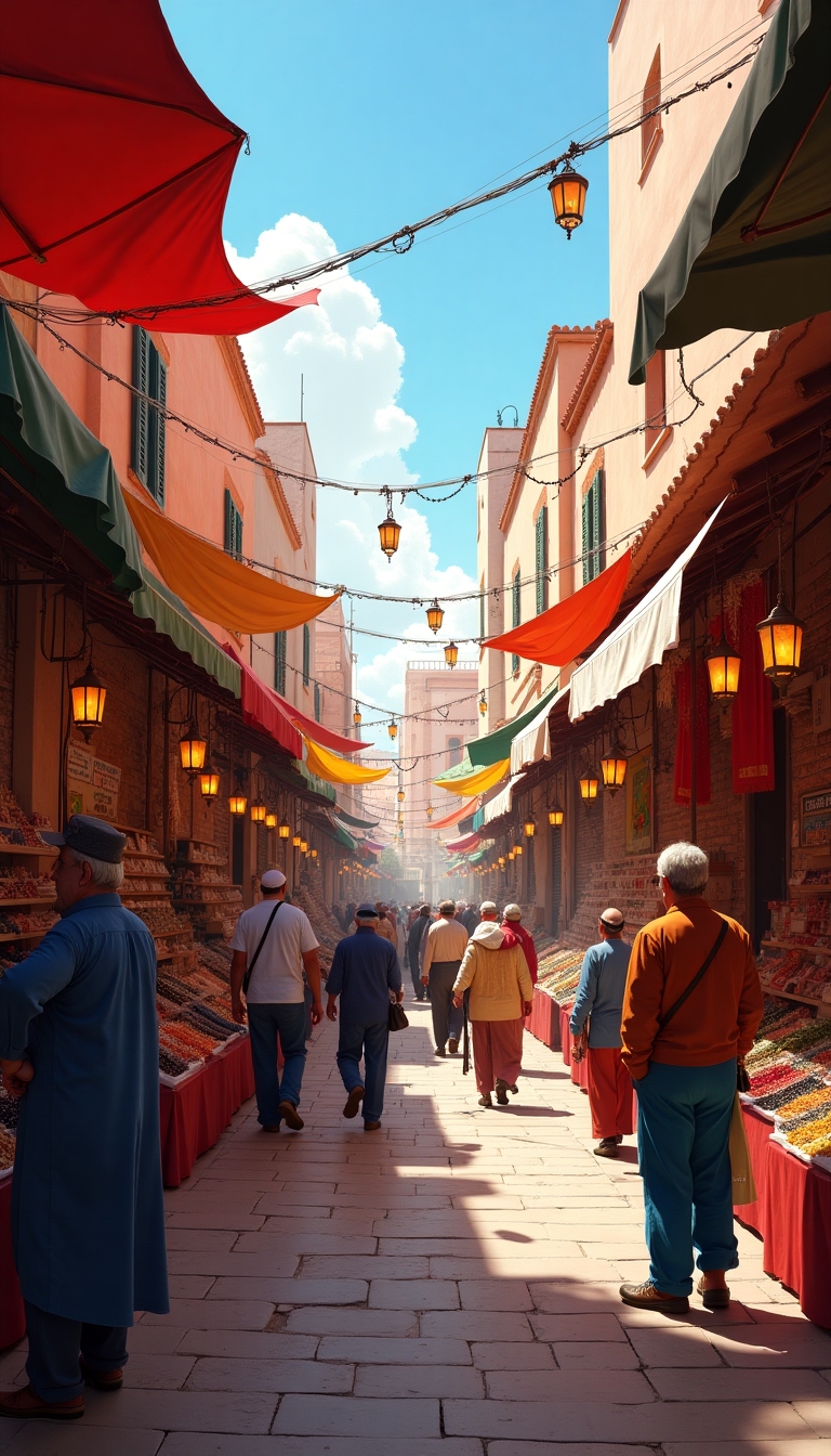 Bustling Moroccan market in Marrakech with people, lanterns, and vivid textiles under a sunny sky