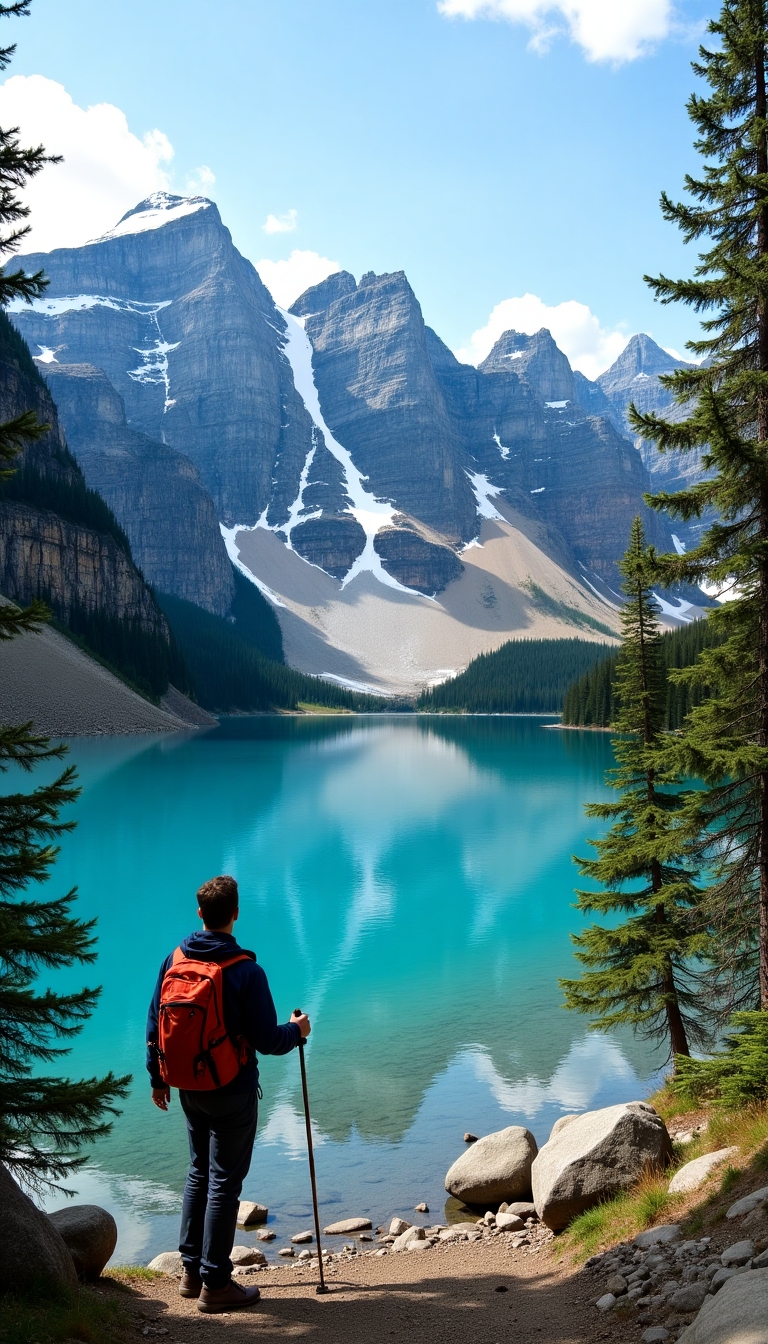 Crystal clear mountain lake surrounded by pine forests and snow-capped peaks, with a hiker admiring the view