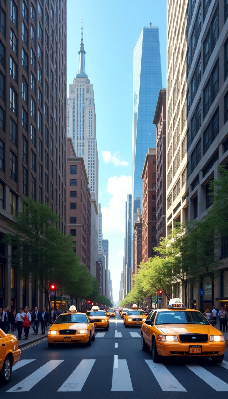 Energetic New York street scene with yellow taxis, tall modern skyscrapers, and people crossing the avenue