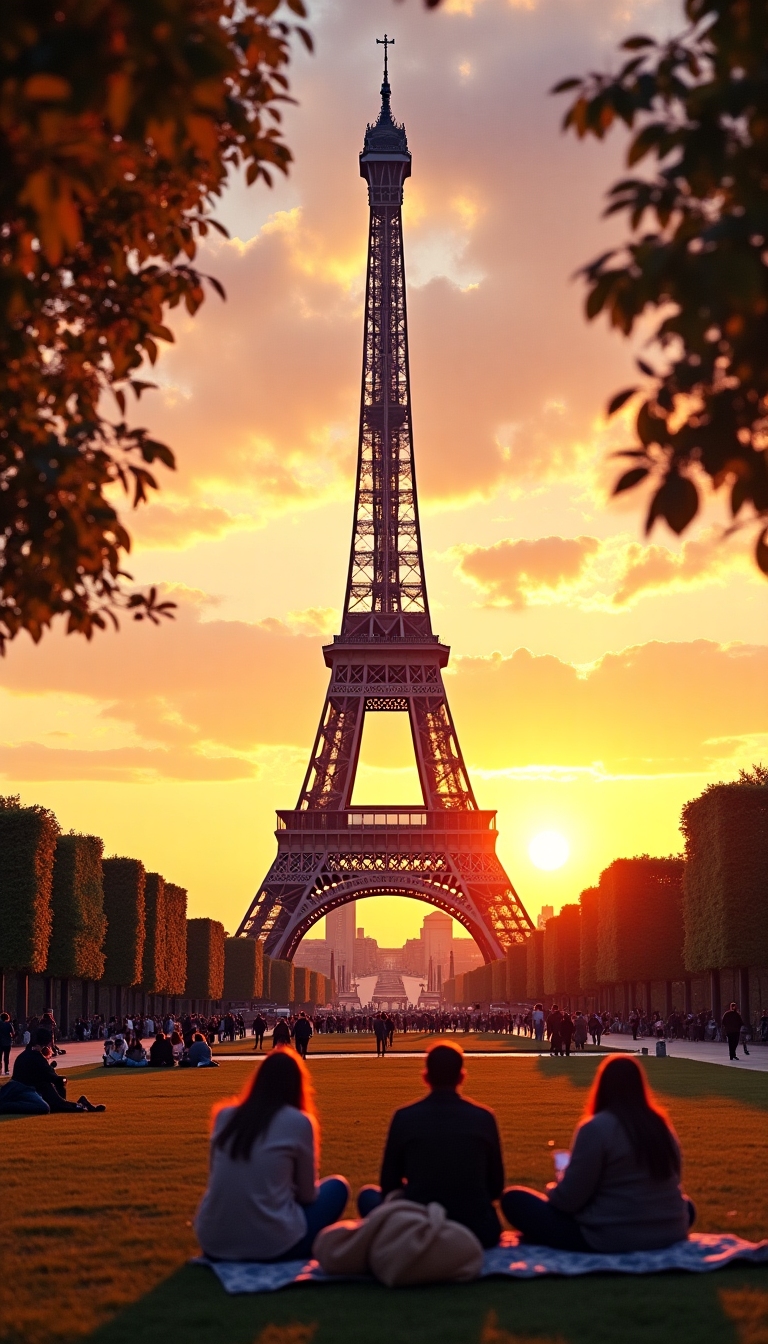 Romantic view of the Eiffel Tower at sunset with people enjoying a picnic in the park