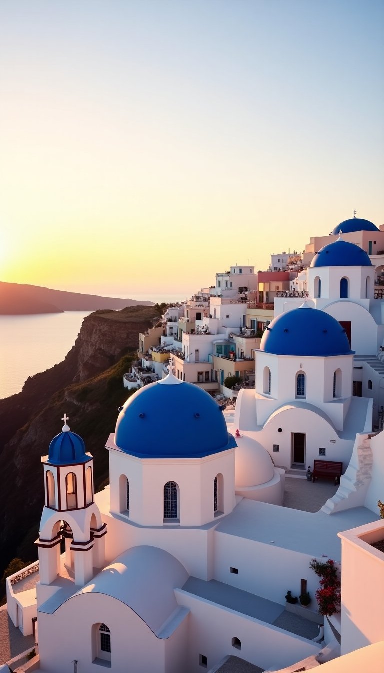 Iconic whitewashed buildings and blue domes overlooking the Aegean Sea in Santorini, Greece at golden hour