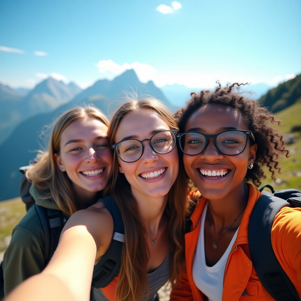 Friends on a scenic mountain adventure, smiling and taking photos together