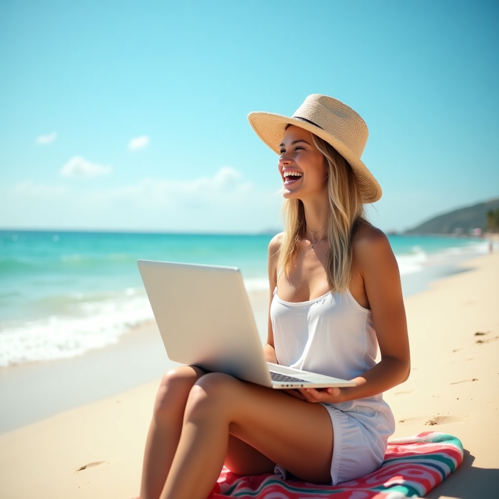 A realistic photo of a young woman sitting on a sunny beach with a laptop on her lap, relaxed, smiling, and engaged online. The scene is bright, modern, and playful, blending tech and a carefree lifestyle.