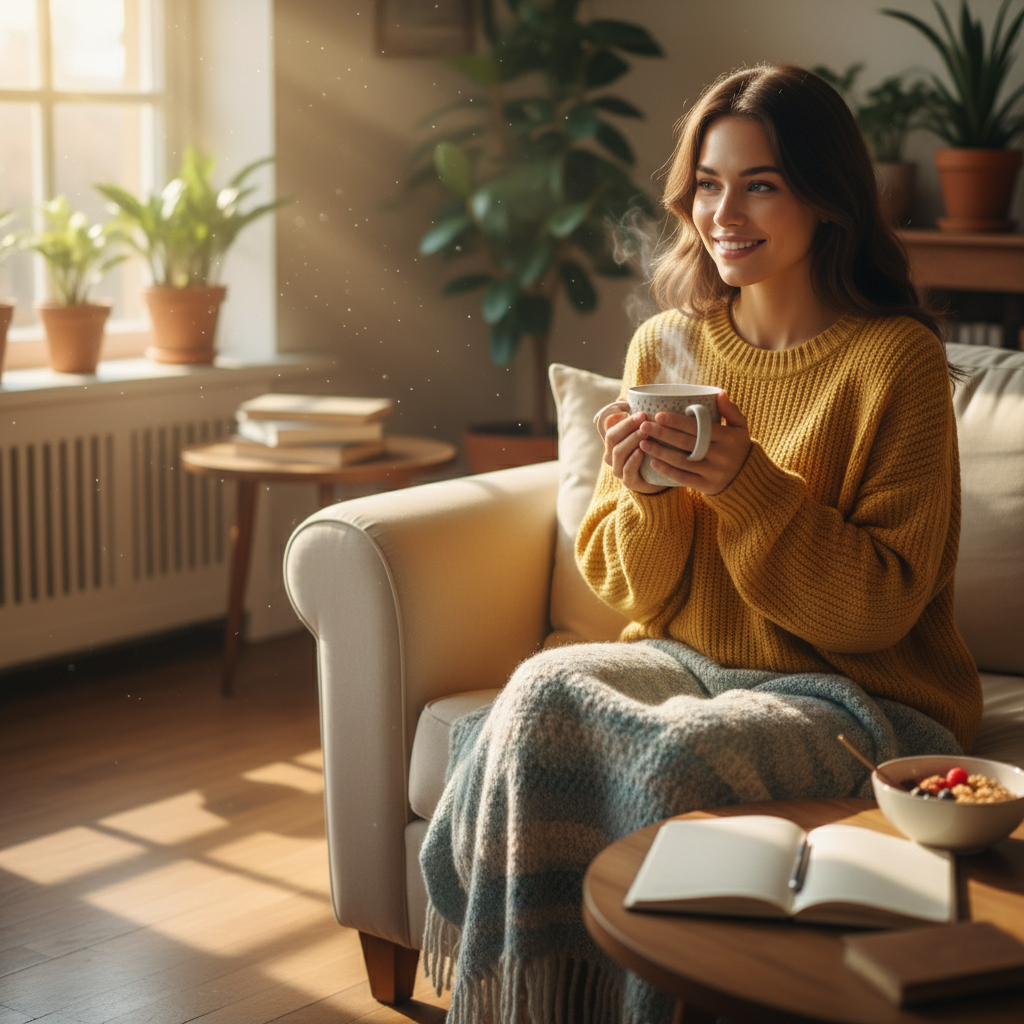 Person enjoying a calm morning routine with a cup of tea and sunlight streaming in