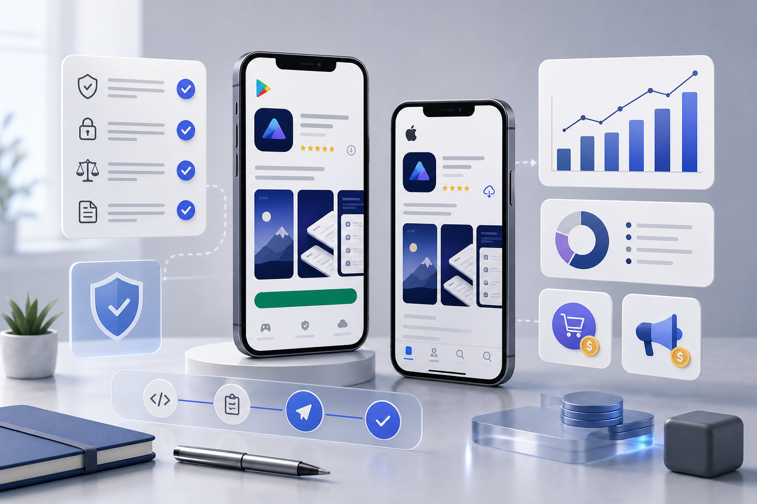 Abstract professional illustration of a mobile app publishing workflow with smartphone UI screens, policy checklist cards, analytics chart blocks, and monetization icons on a clean desk-style composition