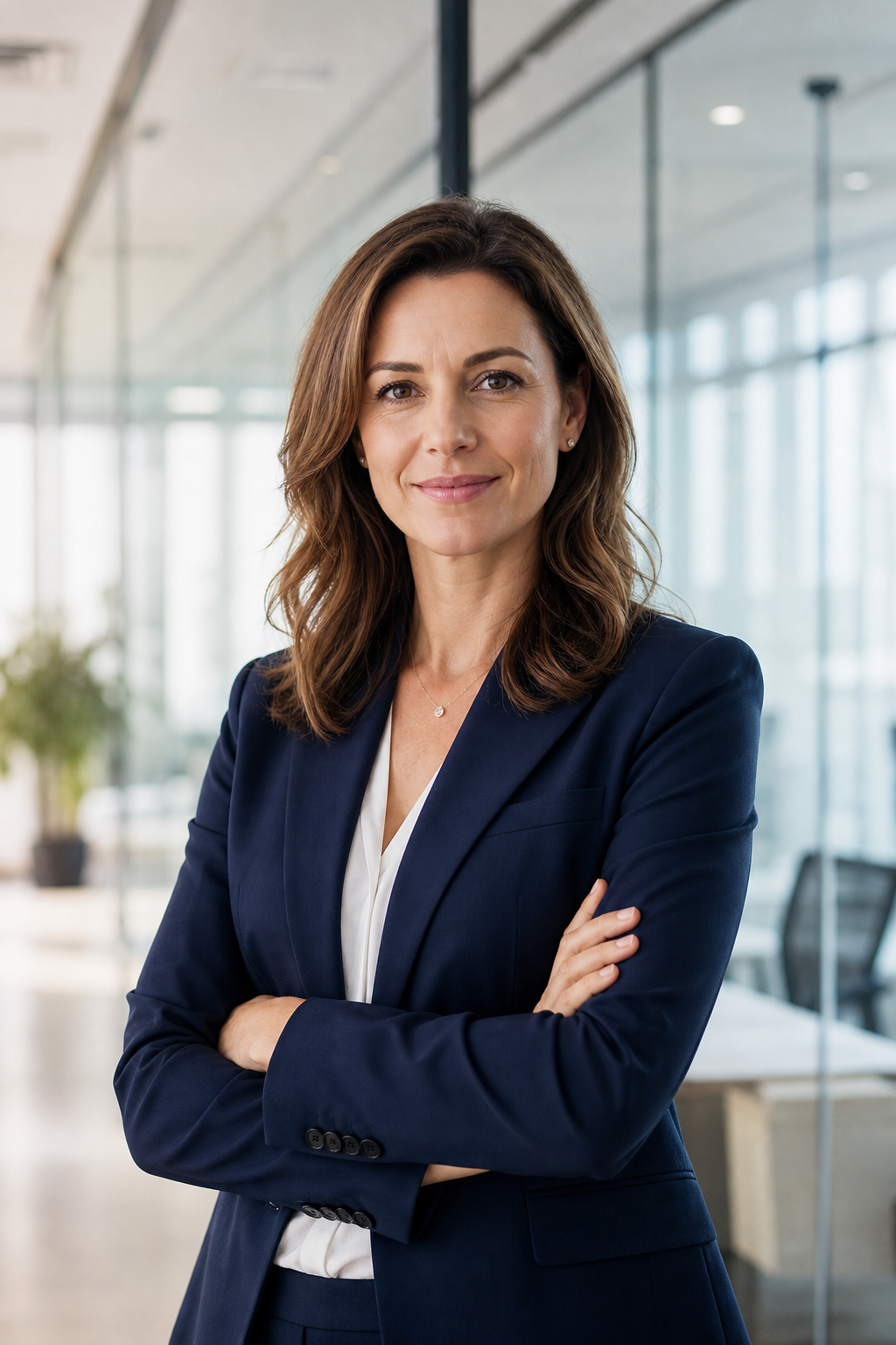 Senior mobile publishing consultant in a navy blazer with a neutral office background