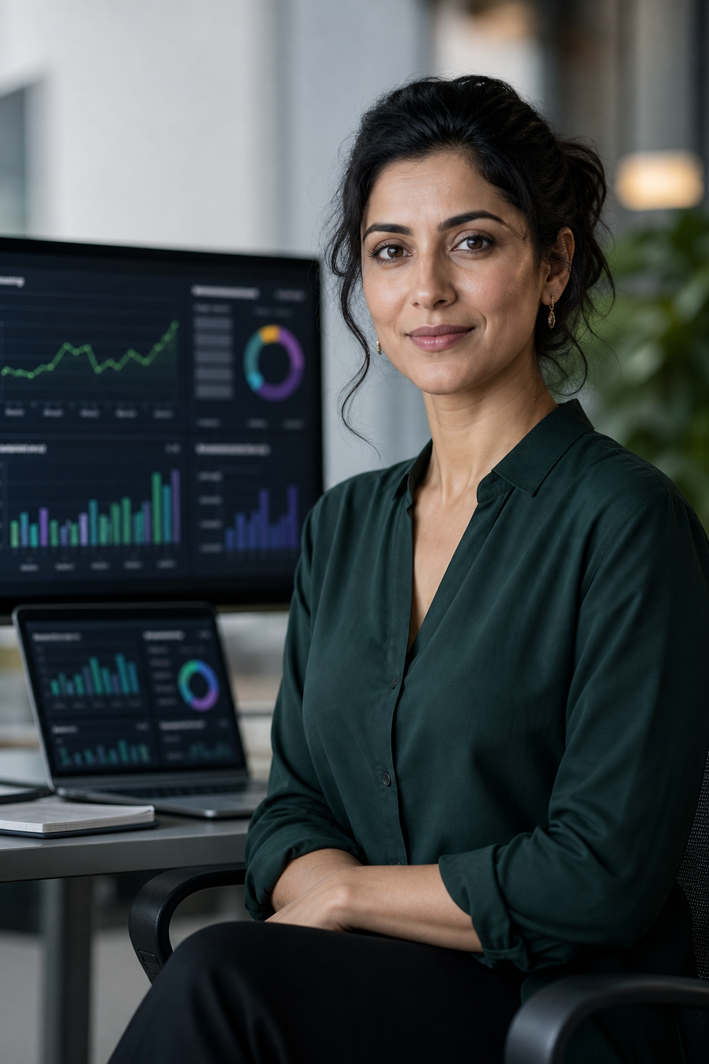 Monetization consultant in a dark green blouse seated beside analytics dashboards
