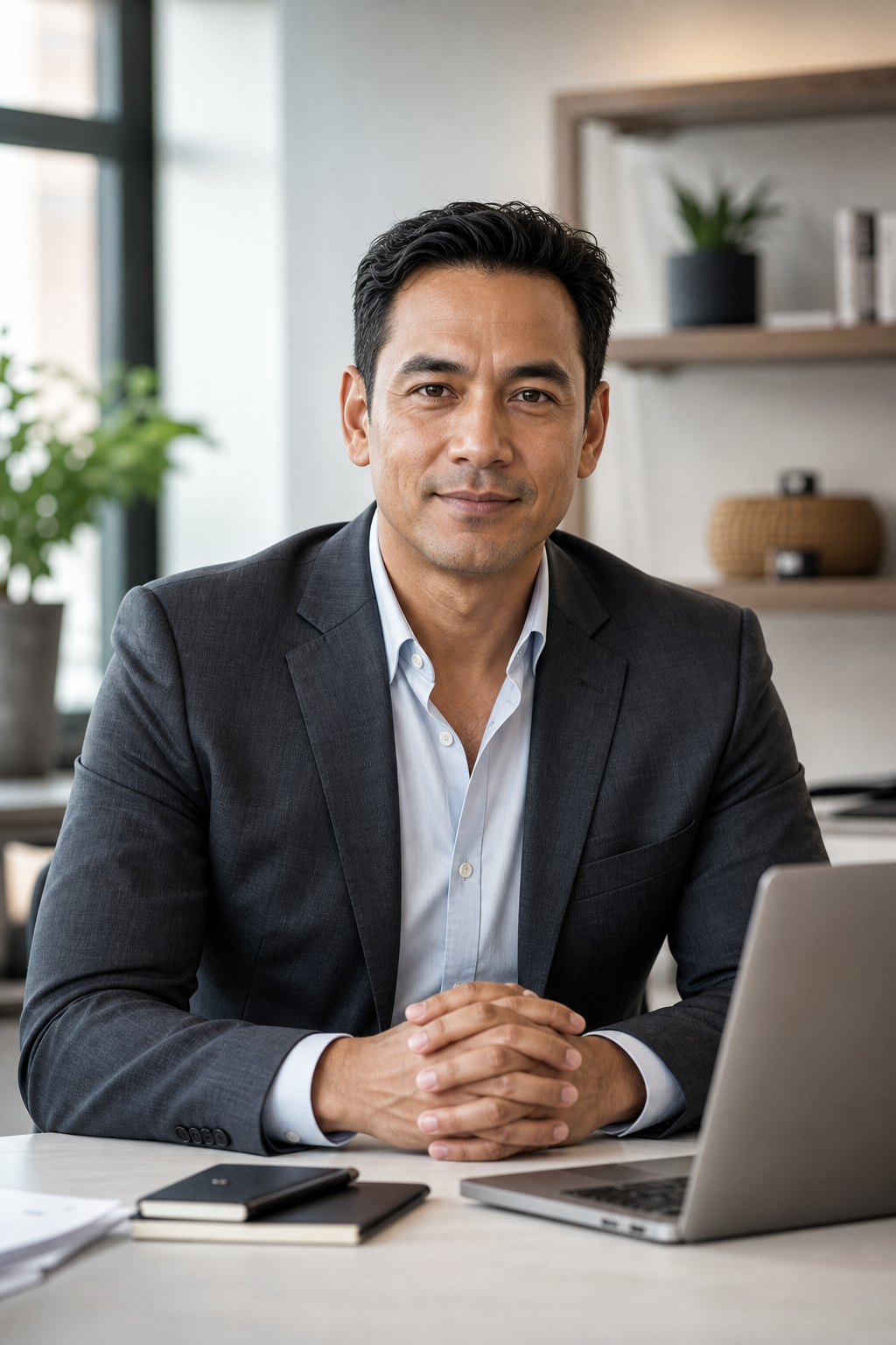 App review readiness specialist wearing a charcoal suit in a bright modern workspace