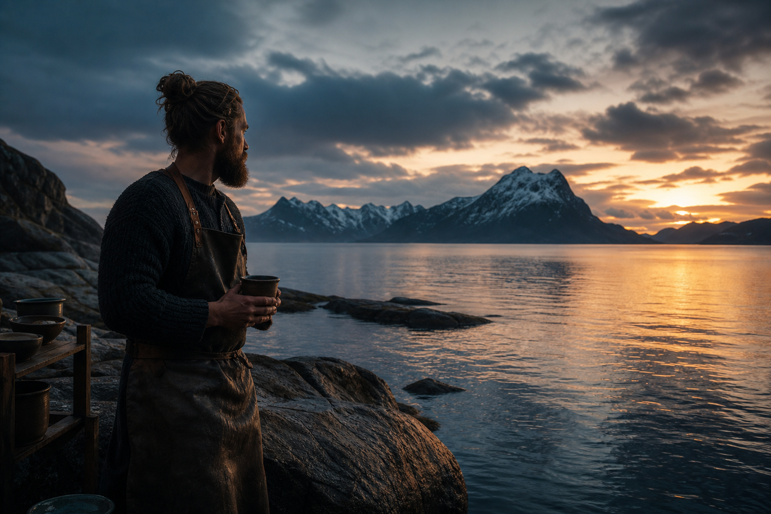 Cinematic photo of a coastal artisan standing on a rocky Nordic shoreline at dusk, soft light reflecting on calm water
