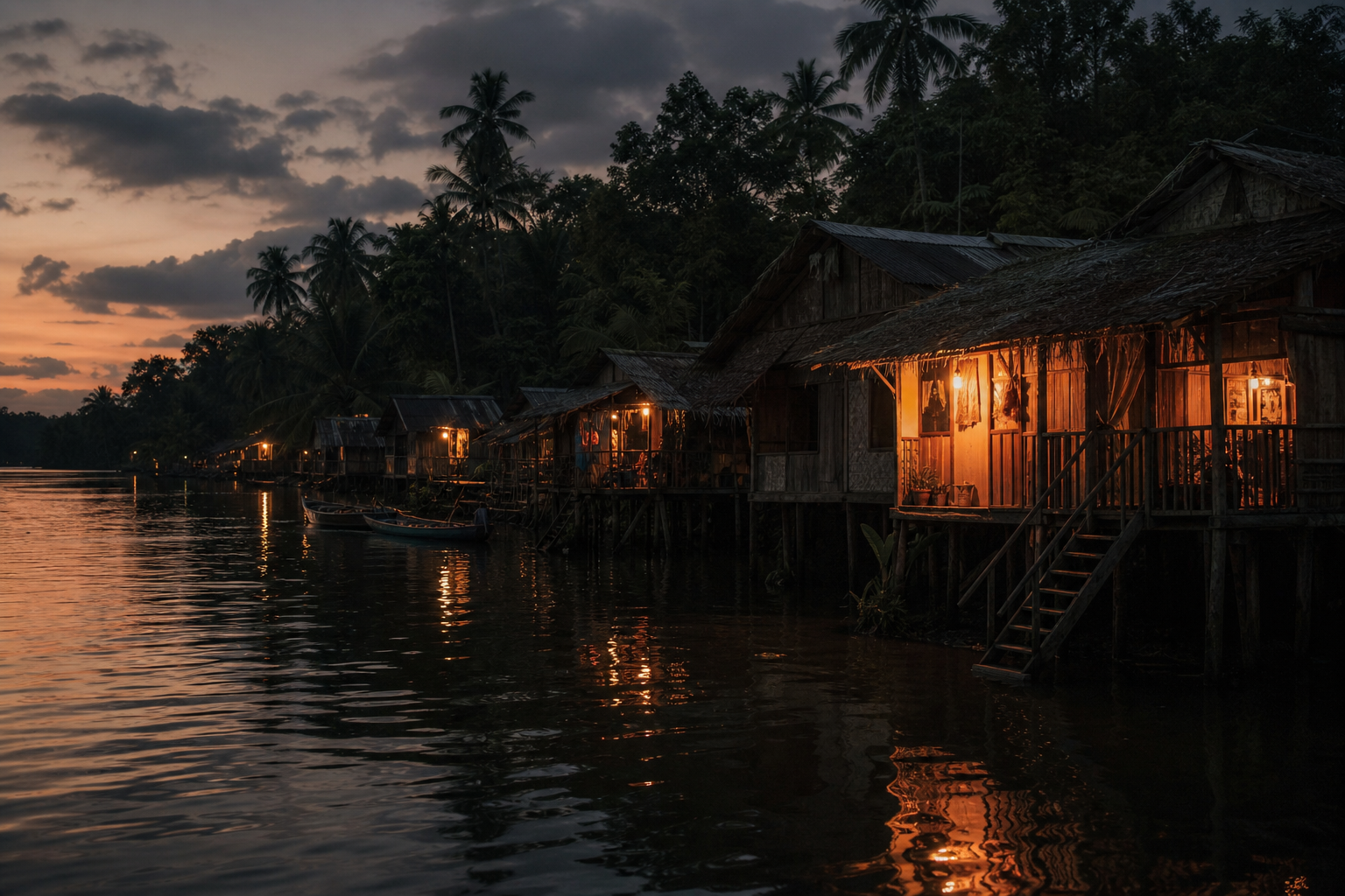Moody twilight photograph of stilt houses on a river, warm window lights reflecting on water in a tropical city
