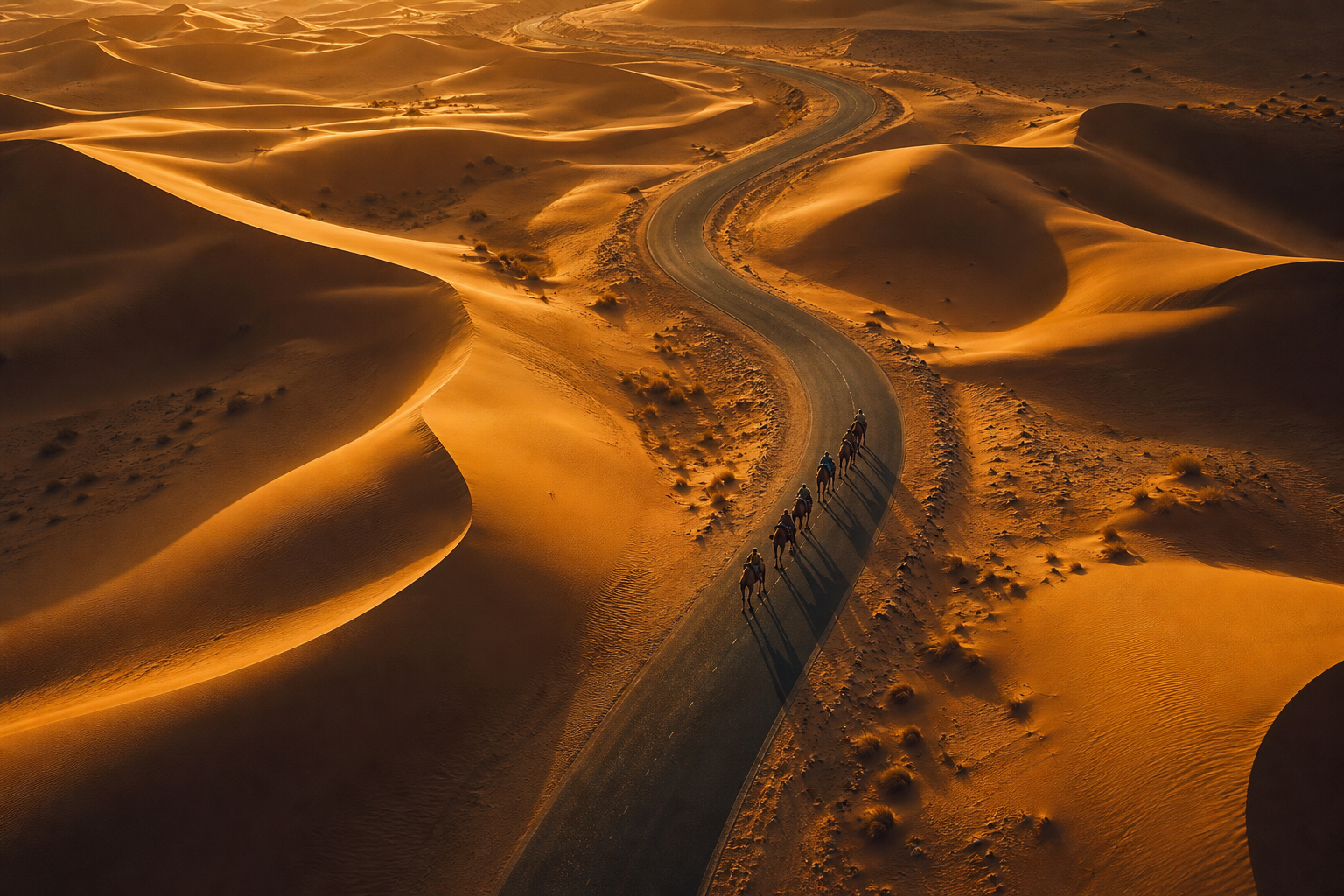 Golden-toned aerial image of a winding desert road cutting through Saharan dunes with a small caravan and long shadows