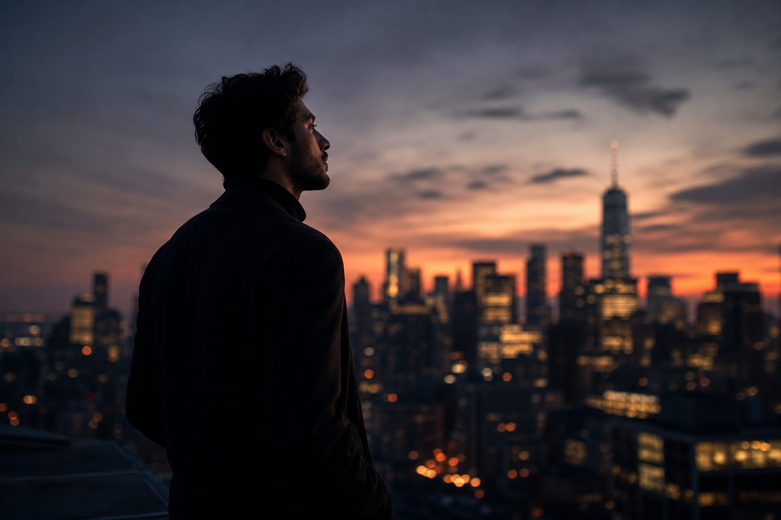 Moody cinematic portrait of a creative storyteller gazing across a city skyline at dusk
