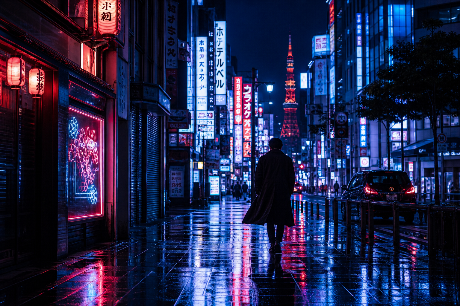Nighttime street scene in Tokyo with neon reflections on wet pavement and a lone figure in a long coat walking away