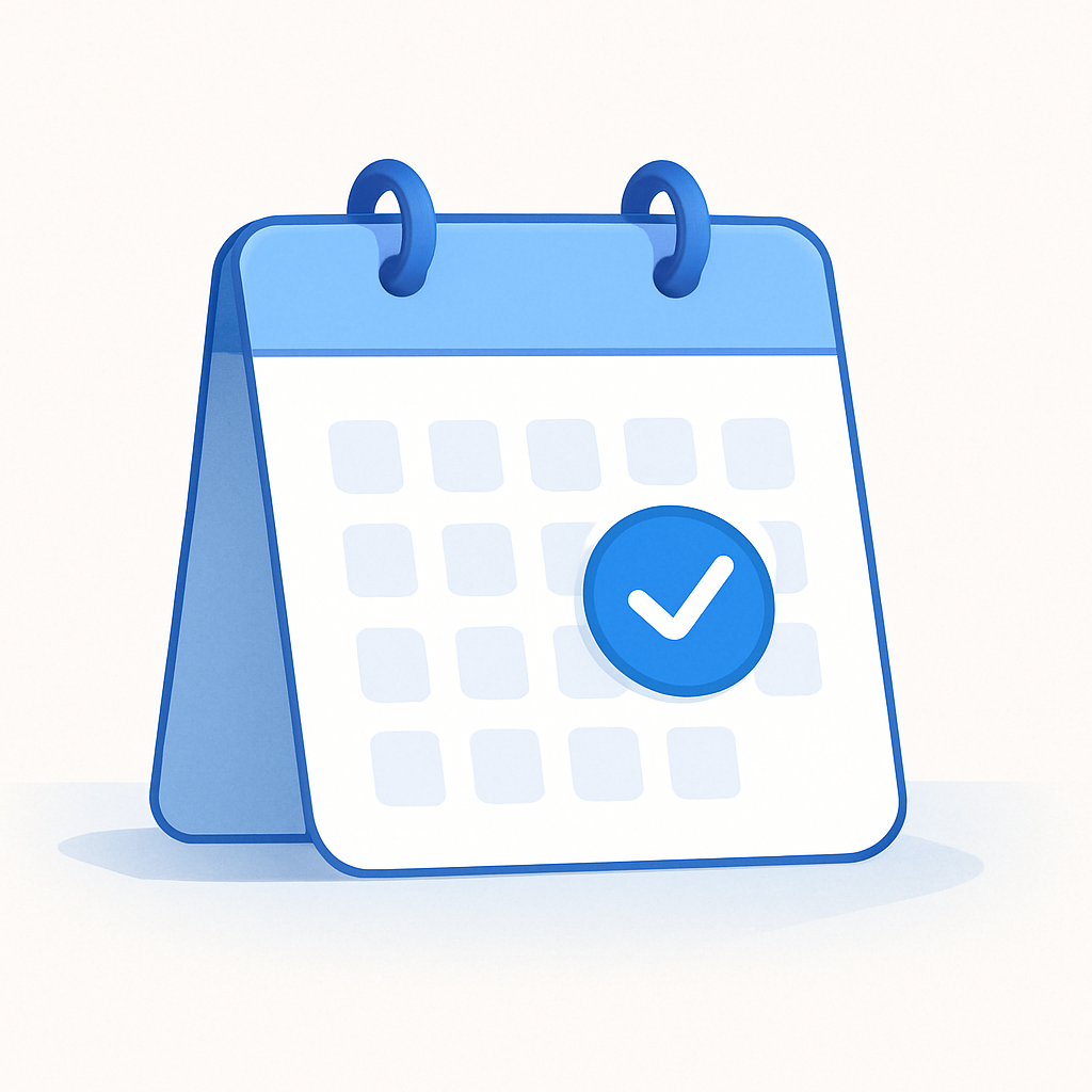 Minimal fintech illustration of a calendar and checkmark on a light desk