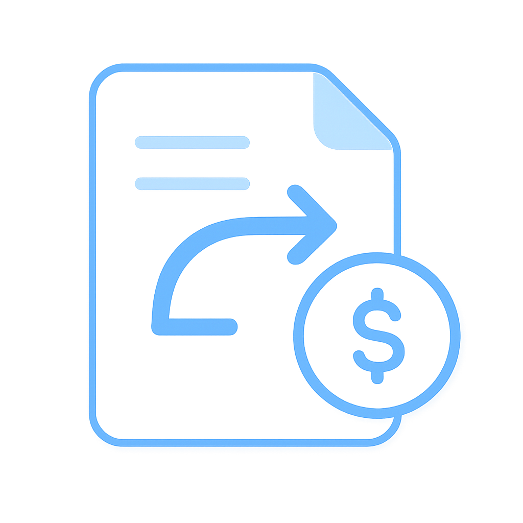 Simple illustration of a document with a transfer arrow and a coin
