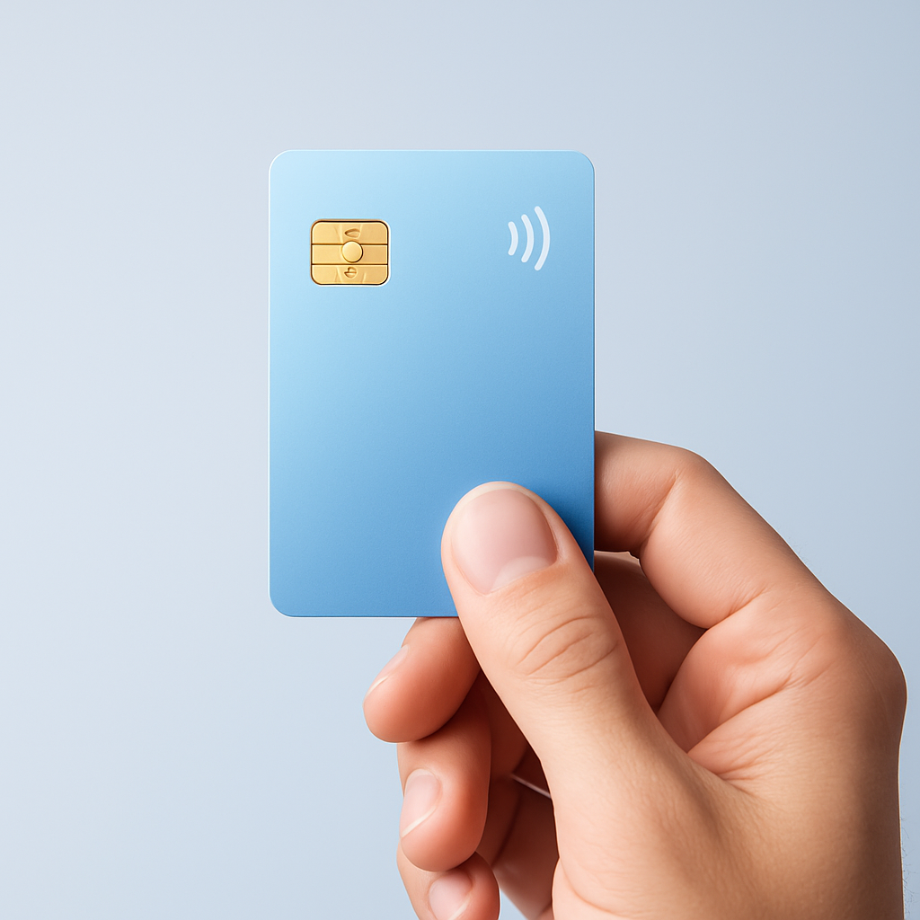 Close-up of a hand holding a small contactless card with a soft blue gradient