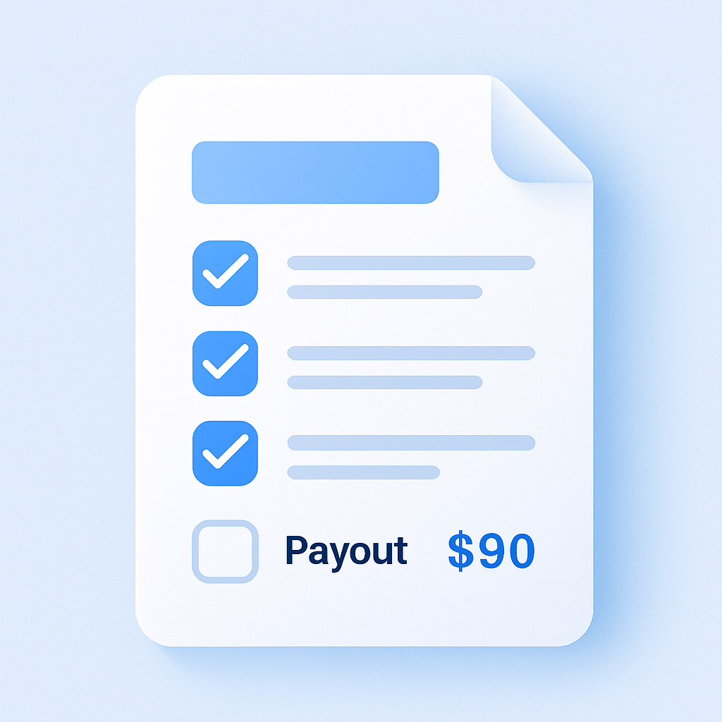 Clean document preview with a checklist and payout line item