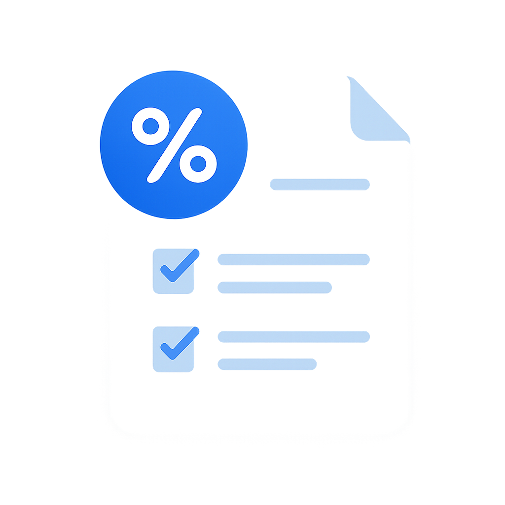 Clean illustration of a document with a percentage badge and checklist