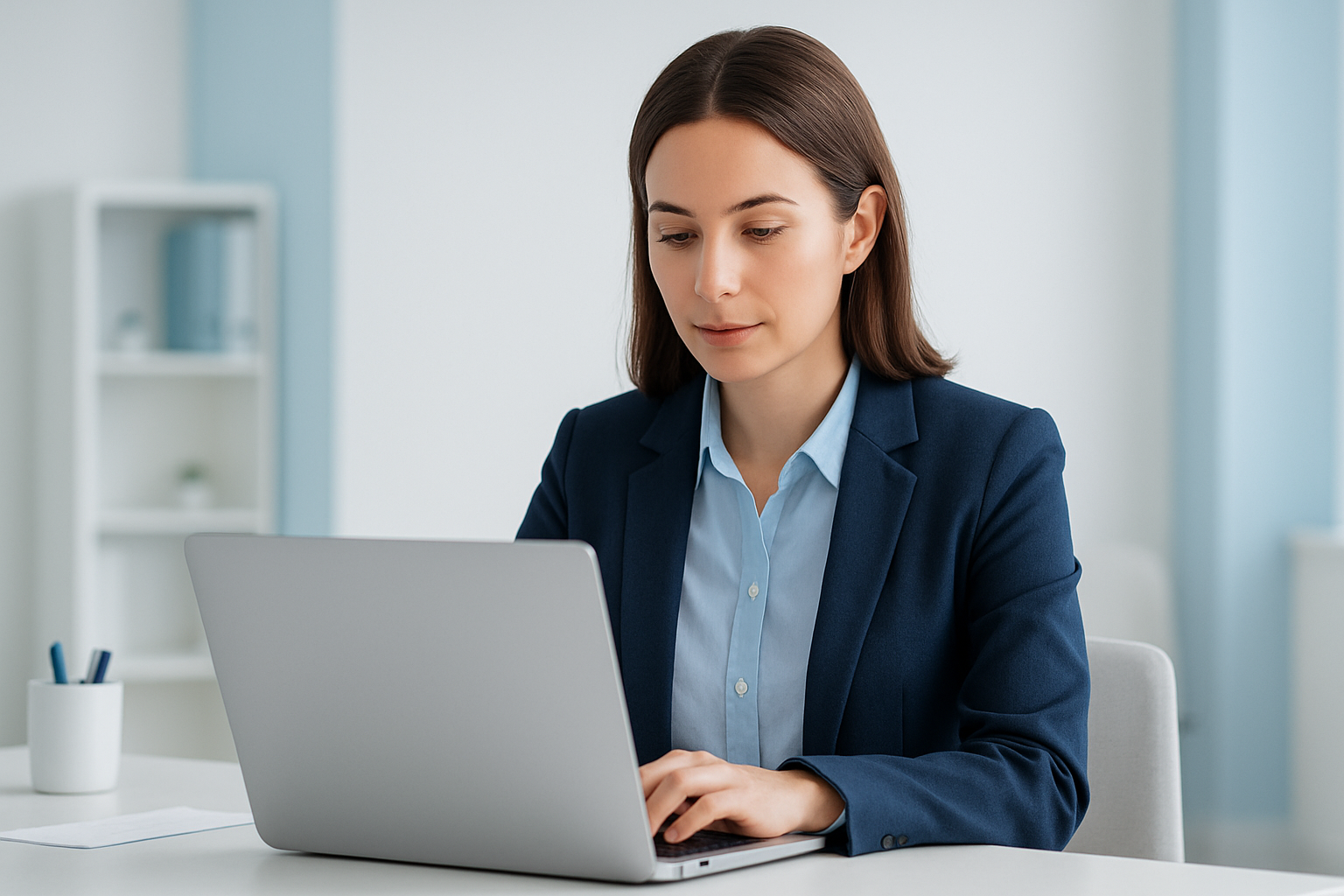 A modern fintech support specialist reviewing a claim on a laptop in a clean office setting