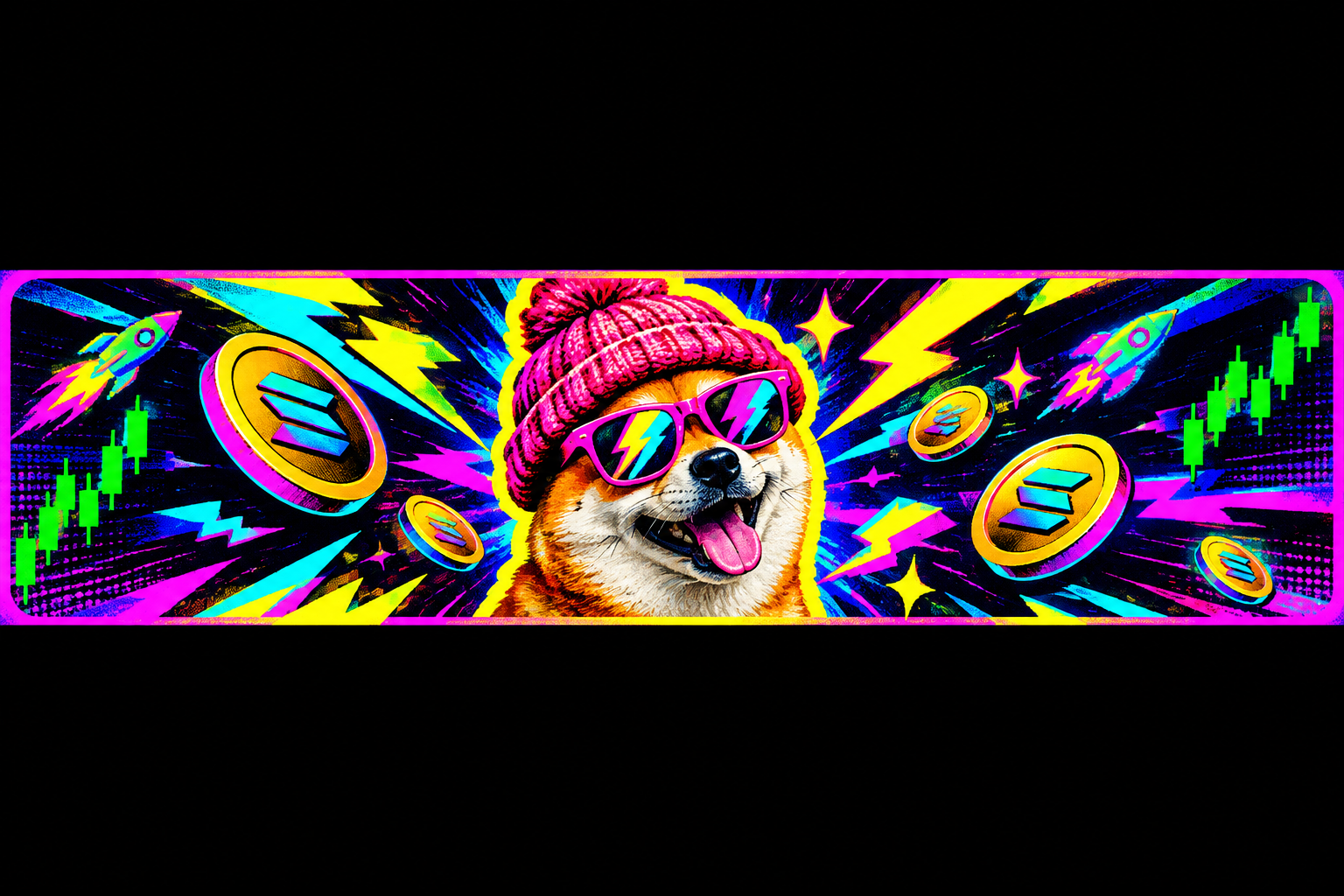 Horizontal neon teaser banner with meme coin launch energy and bold abstract shapes