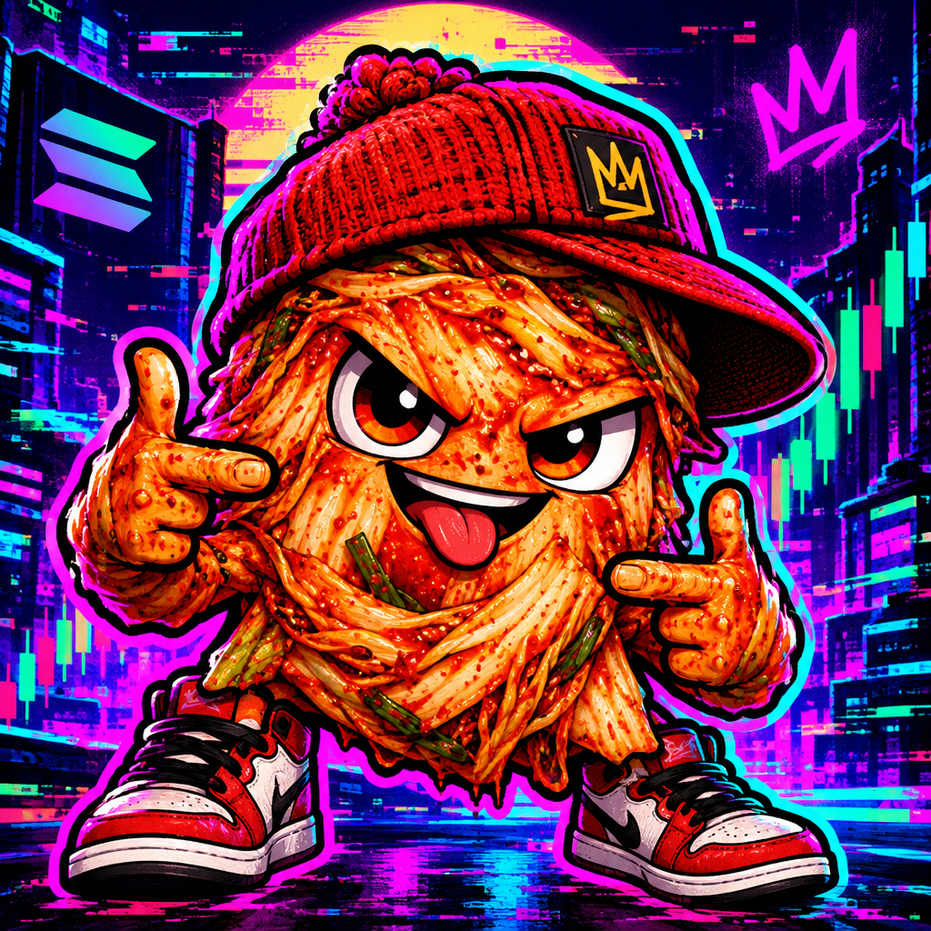 Meme-style character portrait of Kimchi Wif Hat: a spicy kimchi creature wearing an oversized cap with chaotic neon expression