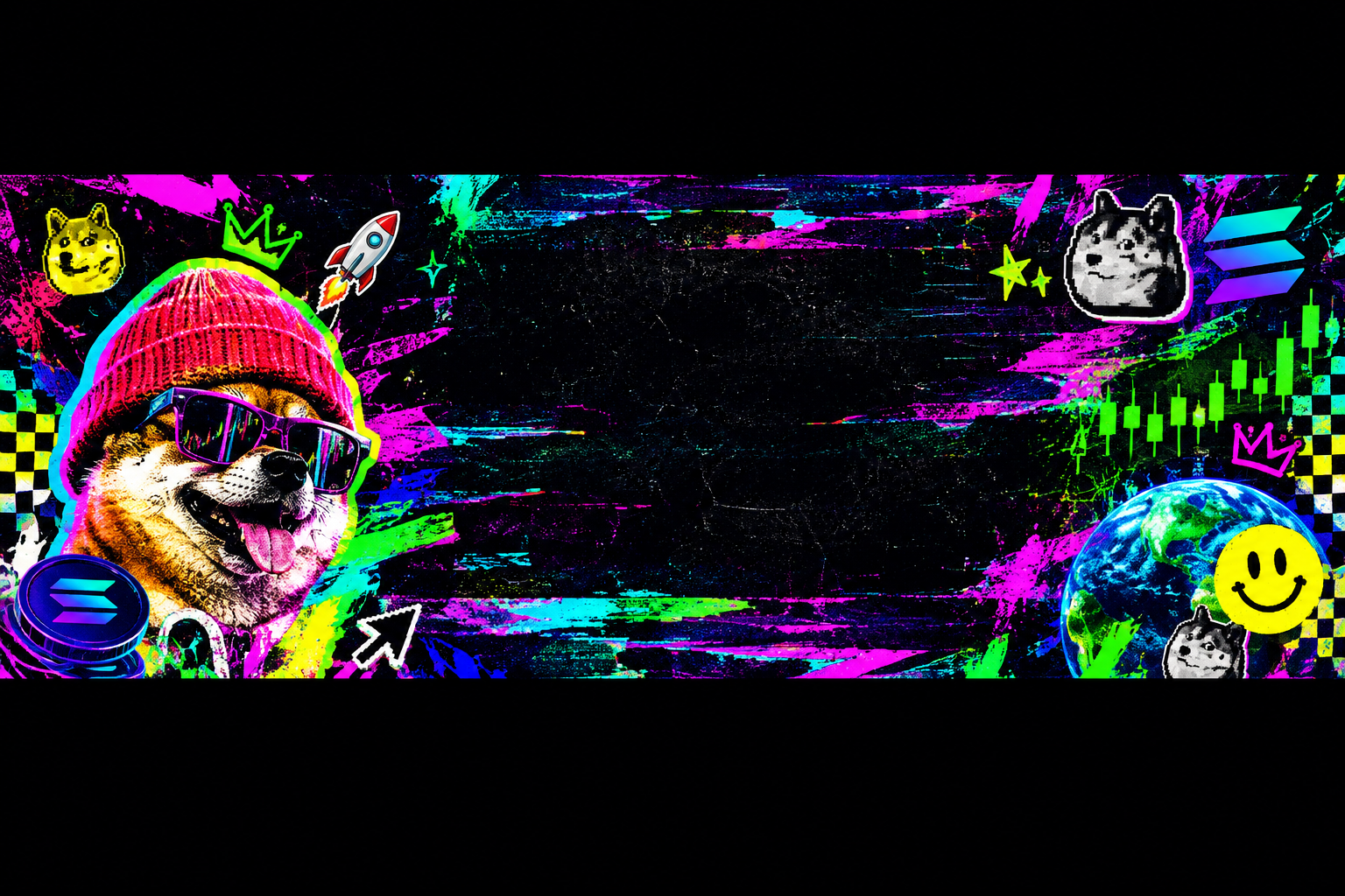 Panoramic placeholder banner with chaotic neon meme textures and retro-web punk collage energy