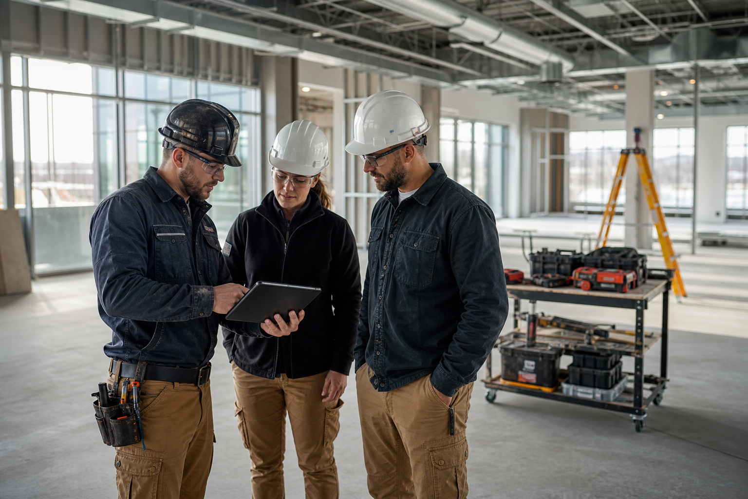 Équipe de maintenance locale en tenue de travail inspectant un chantier propre dans un bâtiment commercial à Saguenay