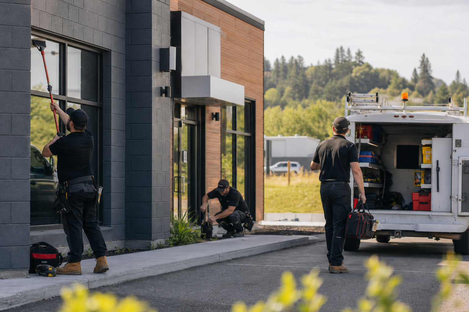Équipe de maintenance en intervention devant un bâtiment commercial à Saguenay