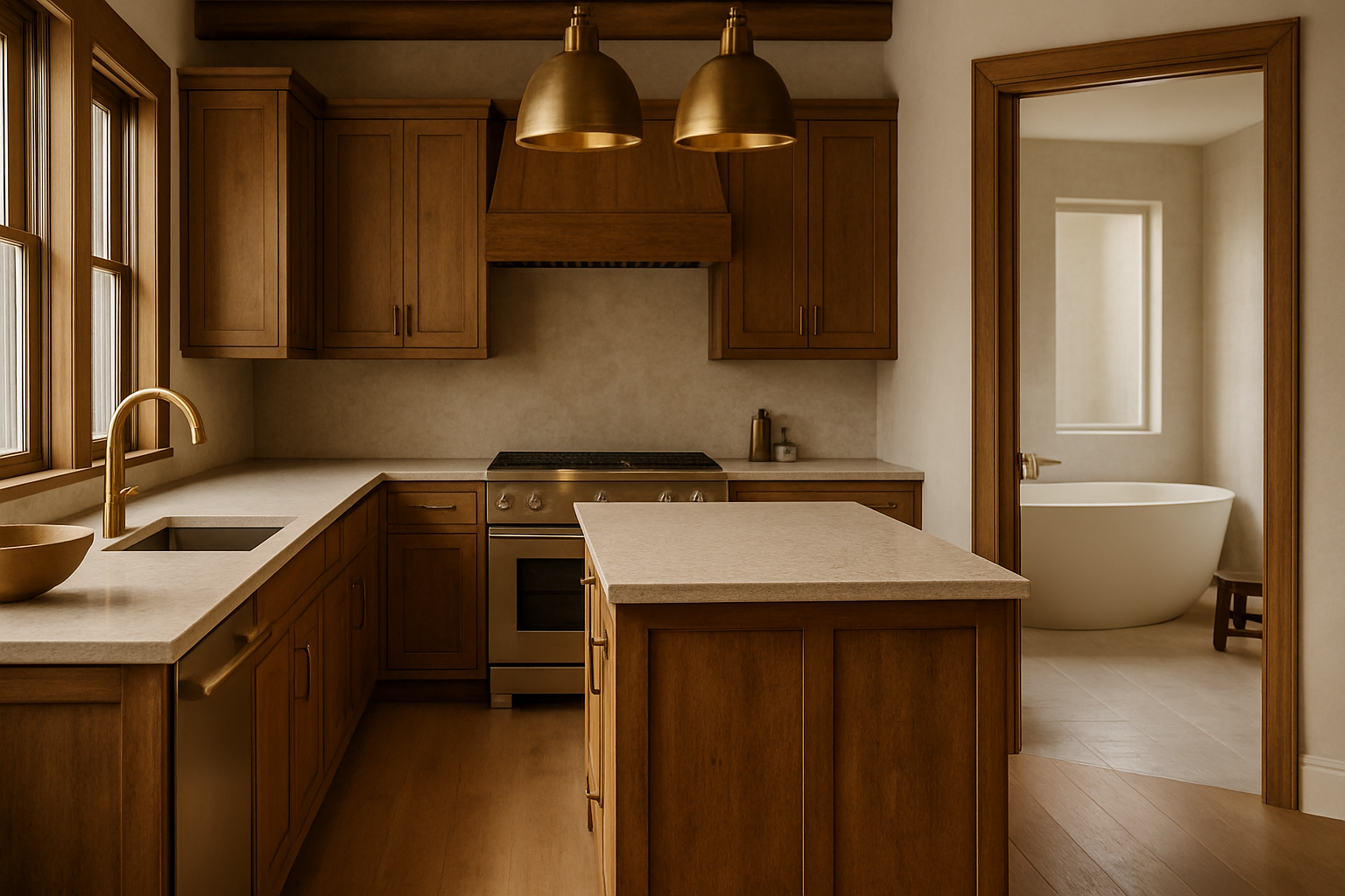 Inviting modern-rustic kitchen with warm wood cabinetry, light stone countertops, brass fixtures, and a glimpse of a spa-inspired bathroom