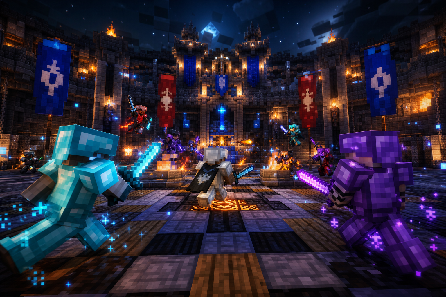 Arena de batalla con jugadores con armaduras brillantes, estandartes y efectos de combate en una fortaleza de Minecraft
