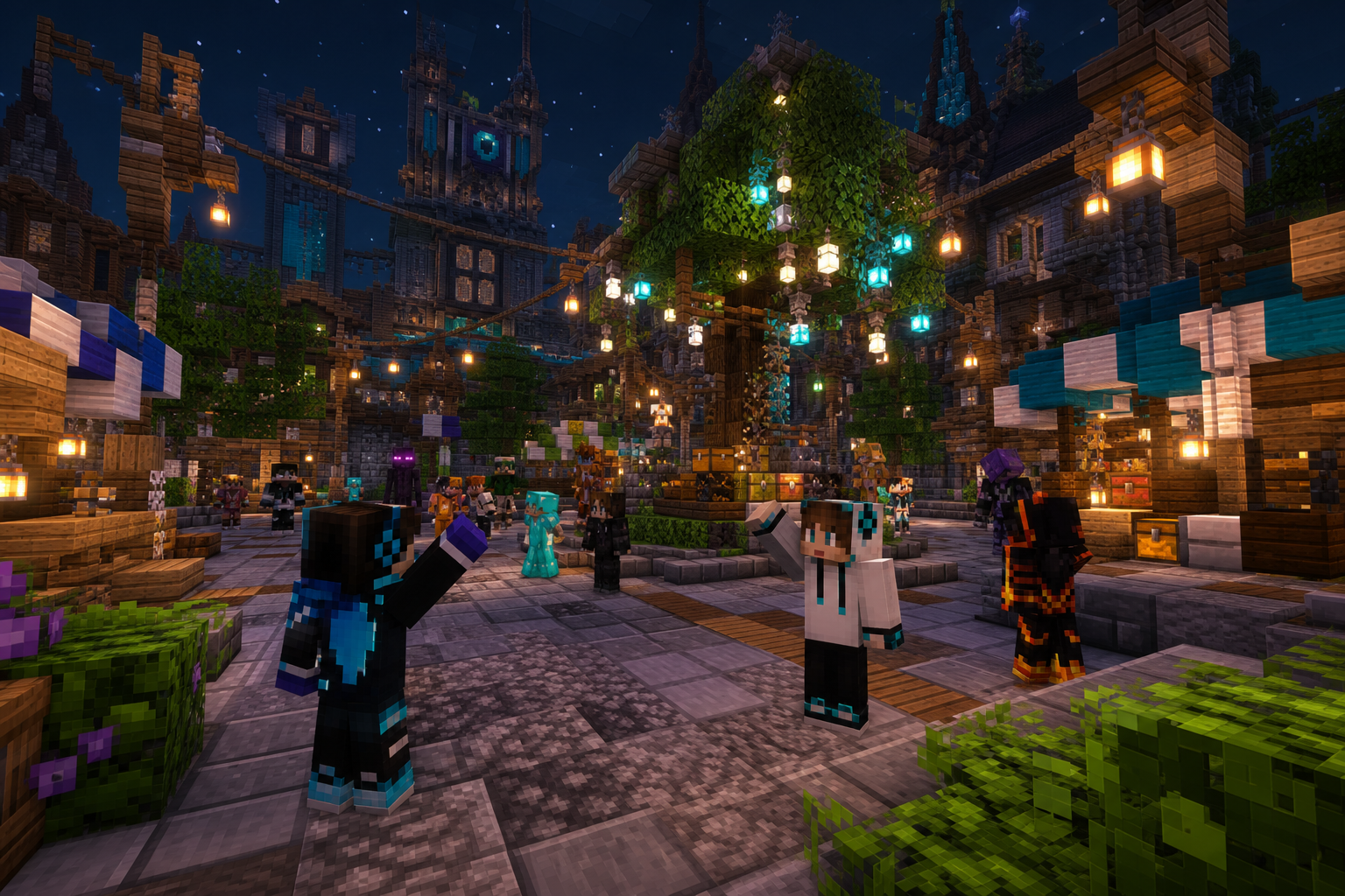 Reunión de la comunidad en una plaza central con faroles, mercado y jugadores saludándose en Minecraft