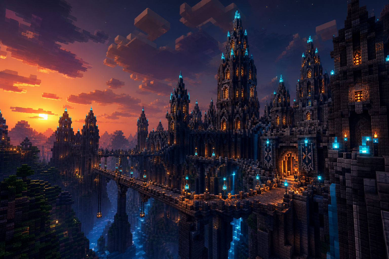 Ciudadela de piedra oscura con torres altas, ventanas iluminadas y puentes sobre un valle de Minecraft durante el atardecer