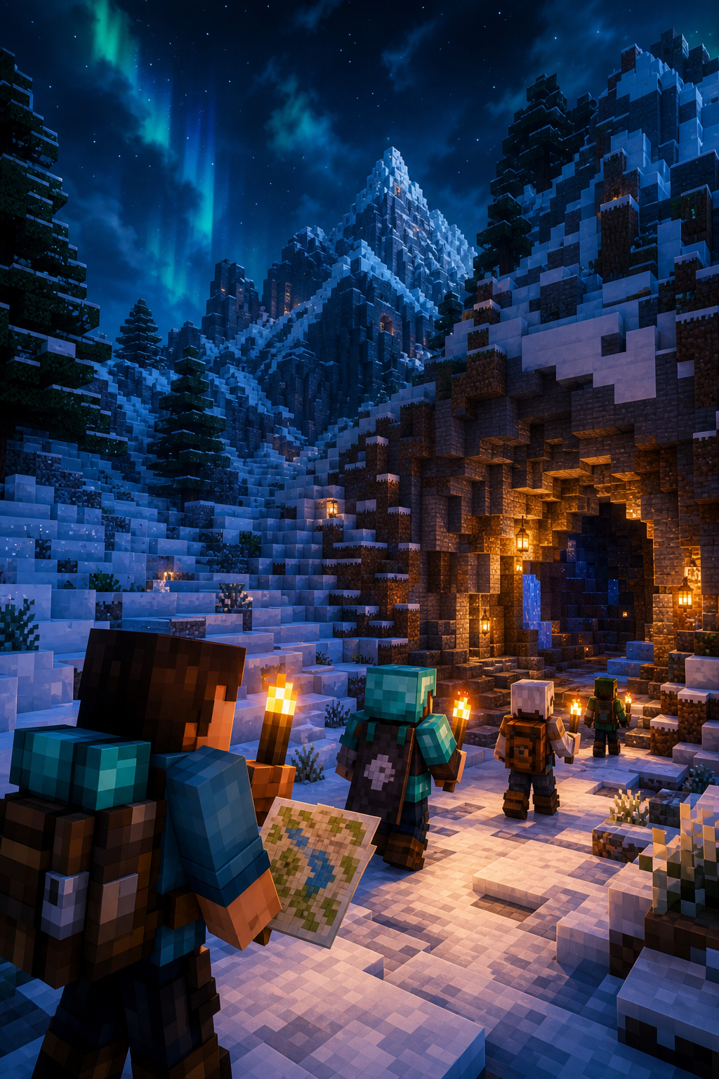 Exploradores con mapas recorriendo un bioma nevado con montañas y cuevas iluminadas de Minecraft