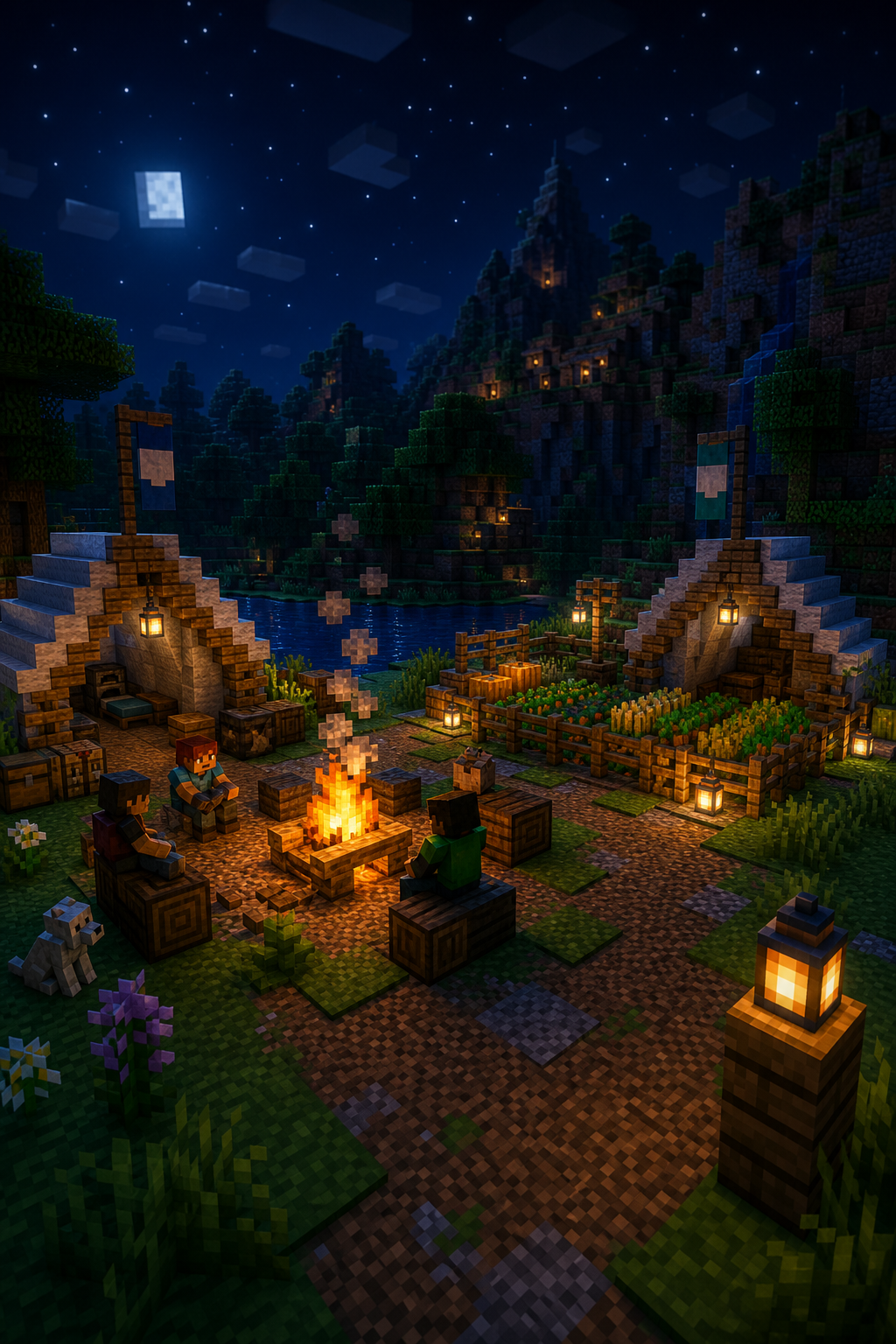 Campamento de supervivencia con fogata, tiendas de campaña y granja iluminada en una noche estrellada de Minecraft