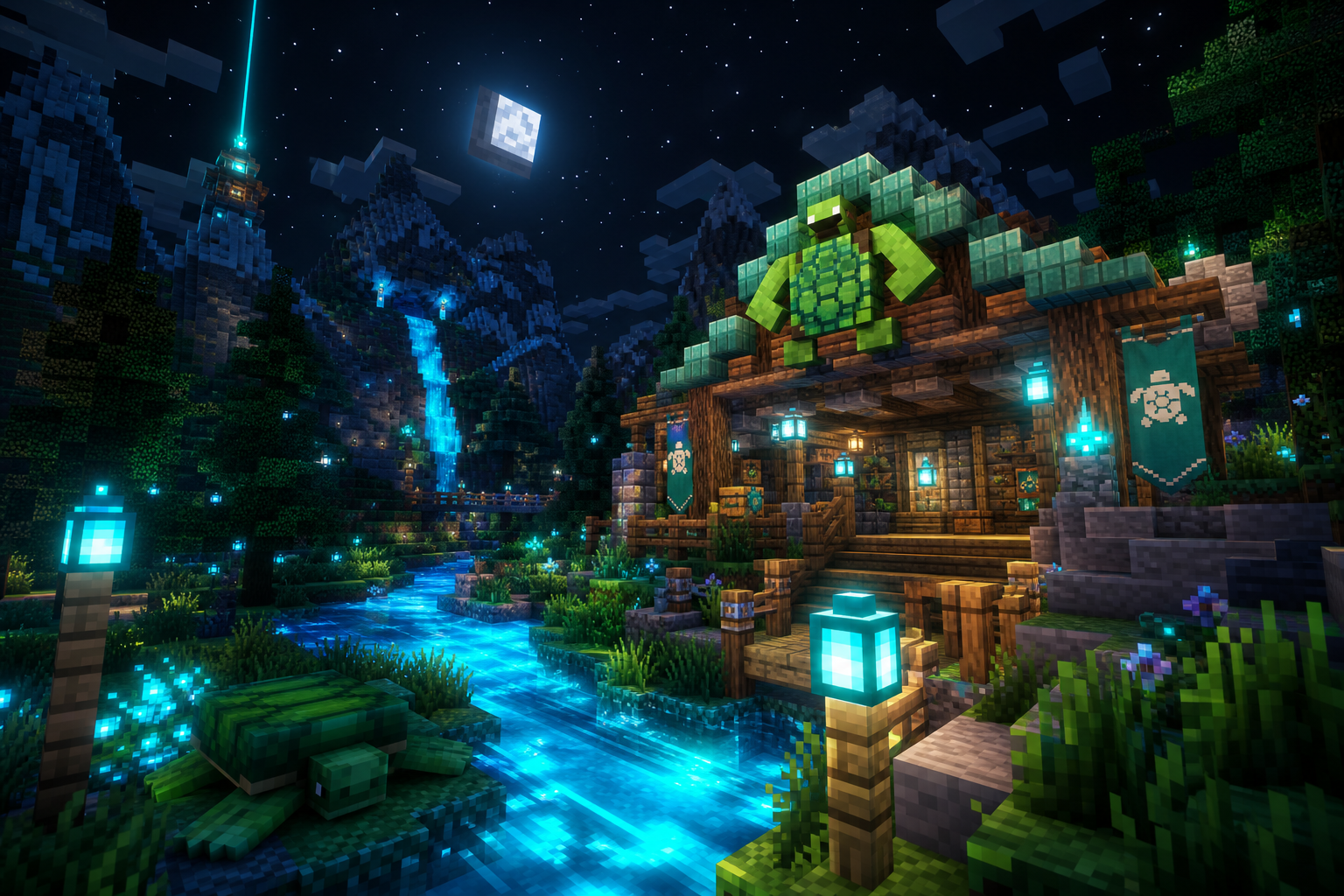 Paisaje cinematográfico de Minecraft de noche con acentos cian brillantes, un puesto amigable con temática de tortuga y montañas en bloques bajo un cielo estrellado
