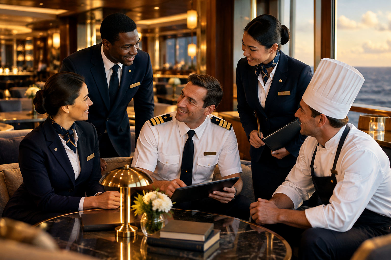 Elegant cruise hospitality team collaborating in a refined ship lounge