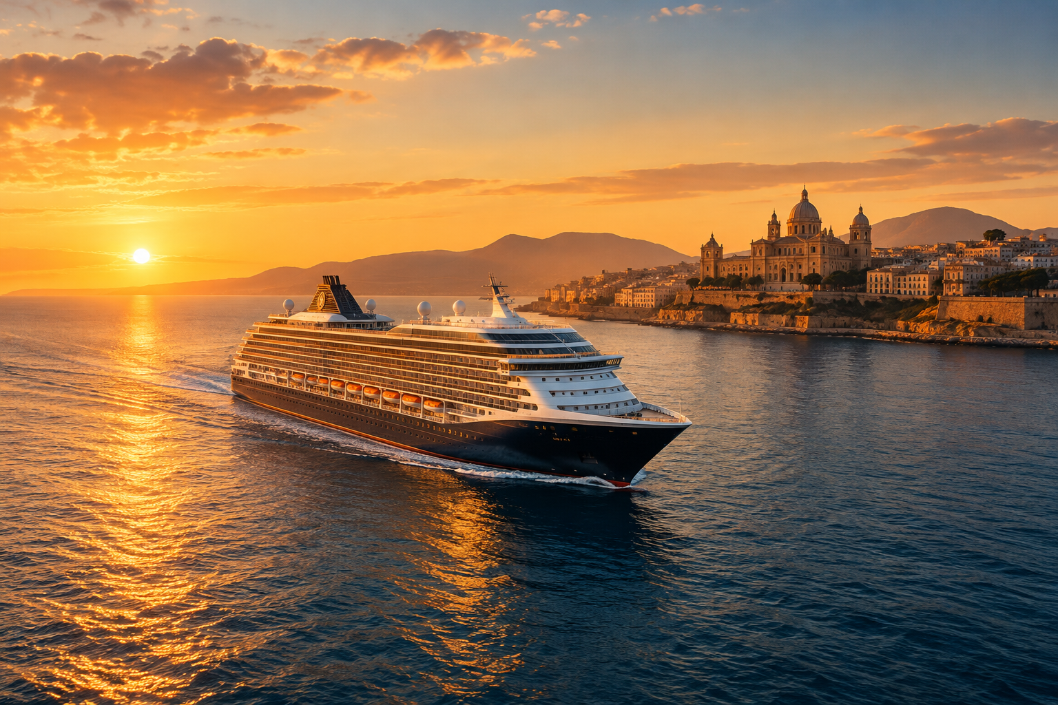 Luxury ocean cruise ship at golden hour on calm open water with a glowing coastal skyline in the distance