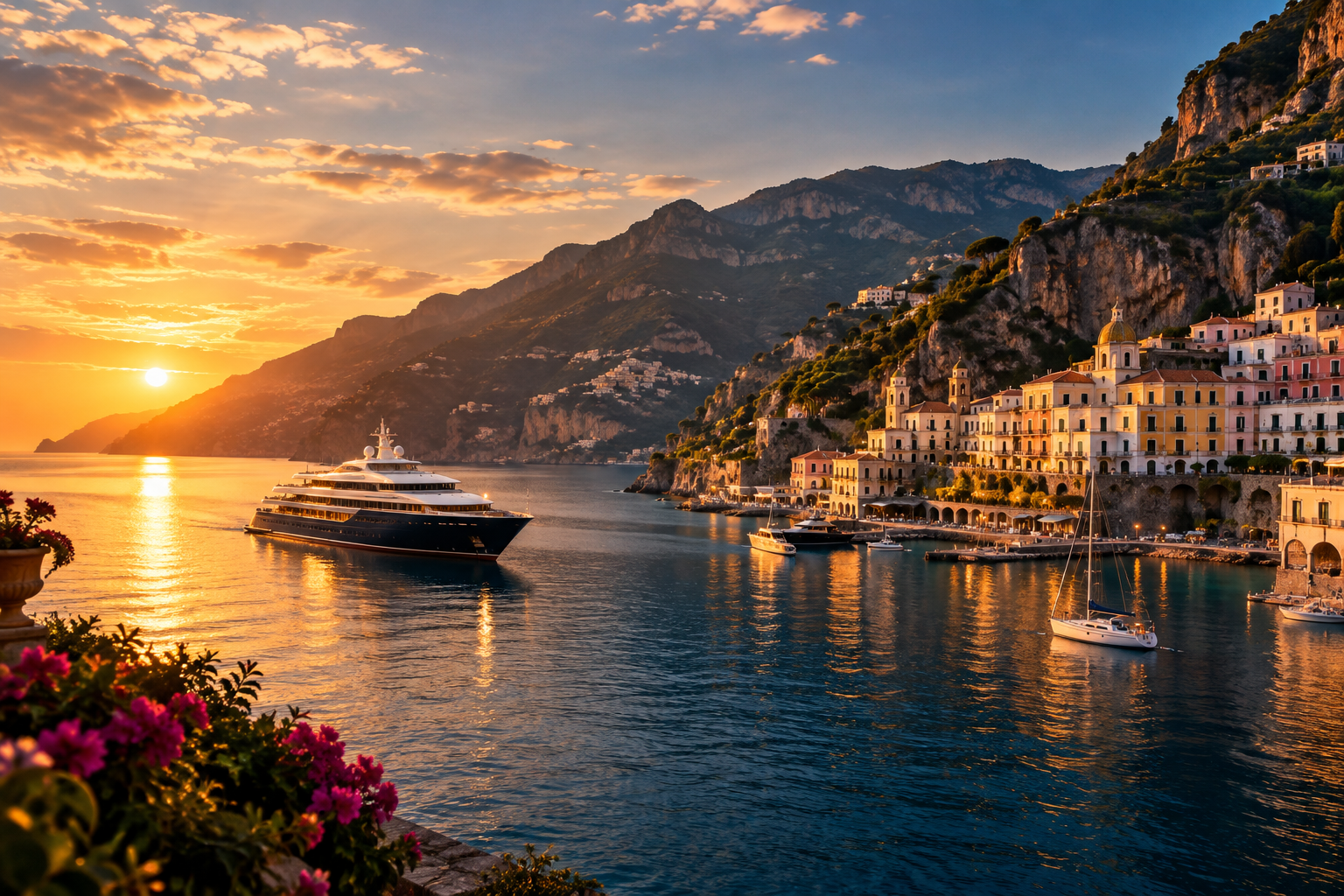 Golden-hour view of elegant cruise yachts near dramatic Amalfi Coast cliffs and a historic Italian harbor