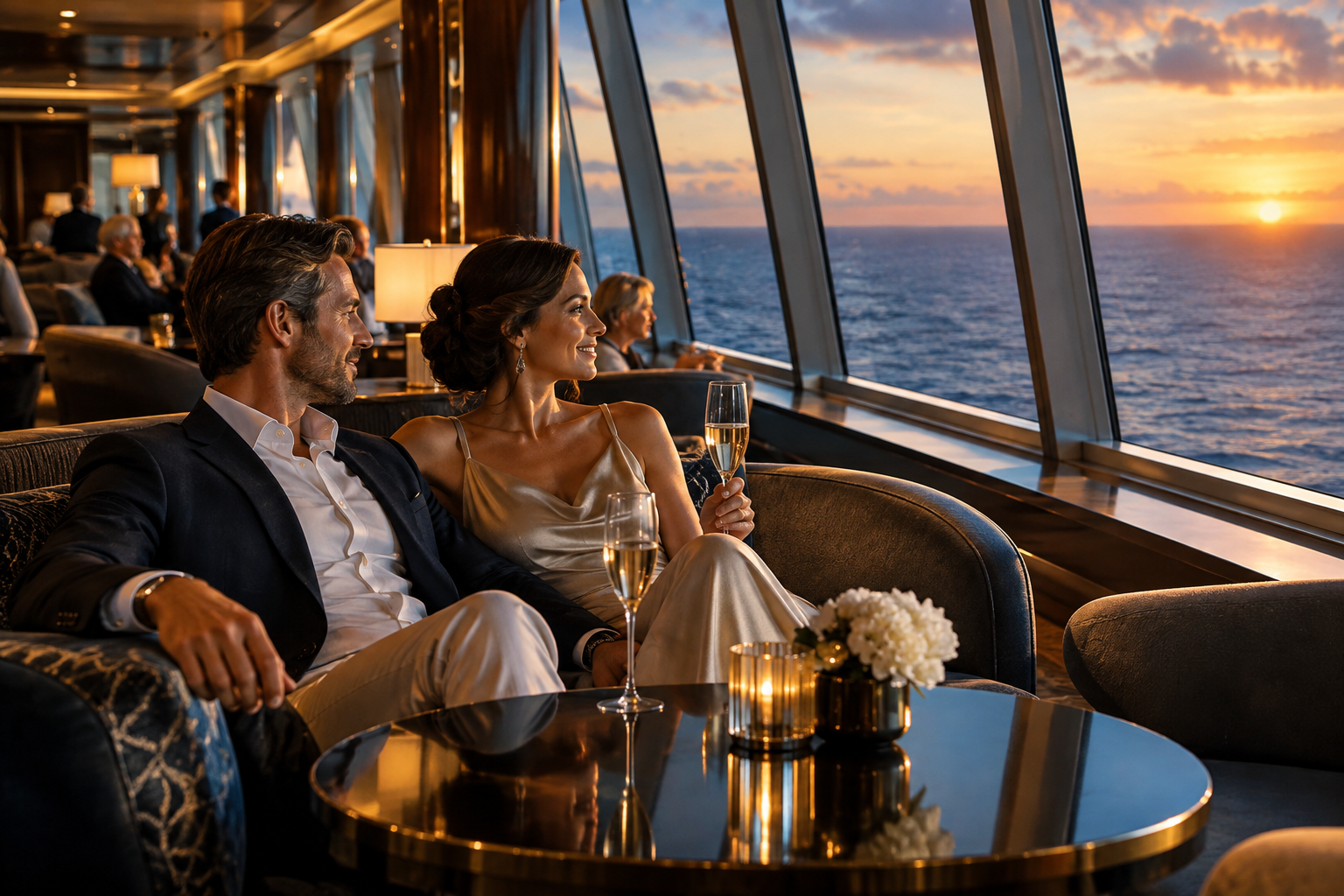 Elegantly dressed guests enjoying champagne in a luxurious cruise lounge with panoramic ocean views, refined interior design, and soft evening light